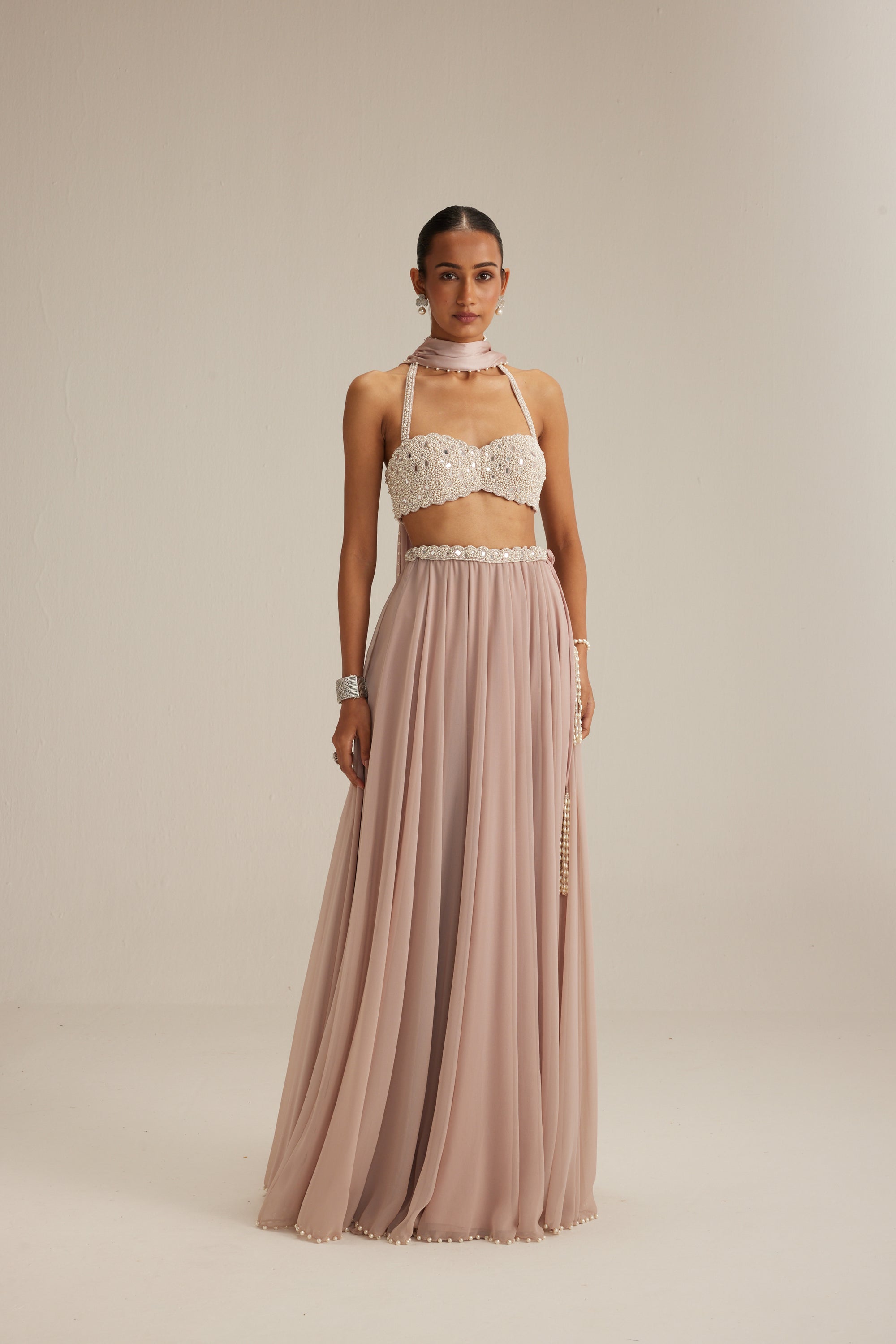 Ash Pink Georgette Skirt With Halter Neck Blouse And Stole