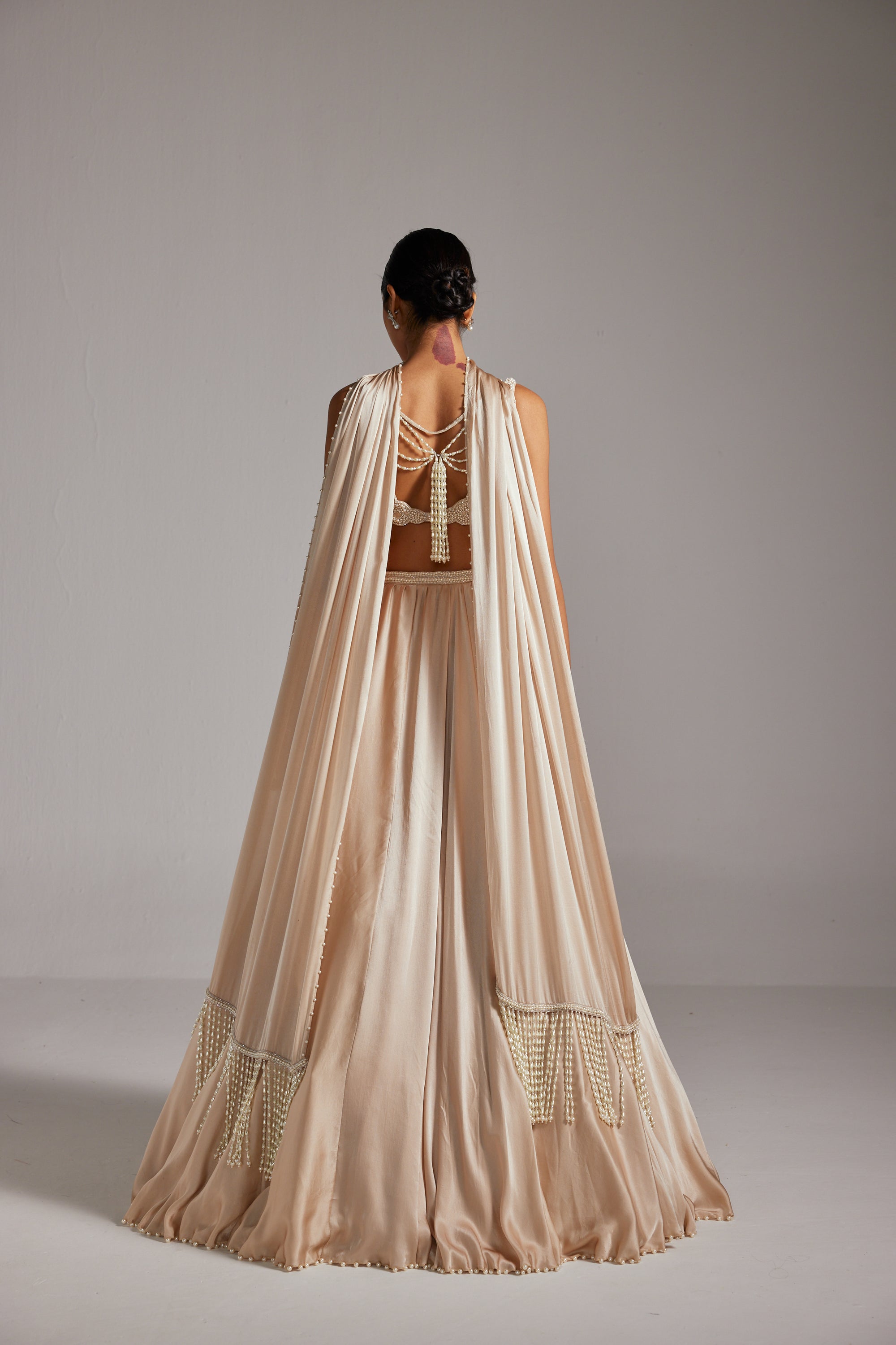 Light Beige V Neck Satin Skirt Set