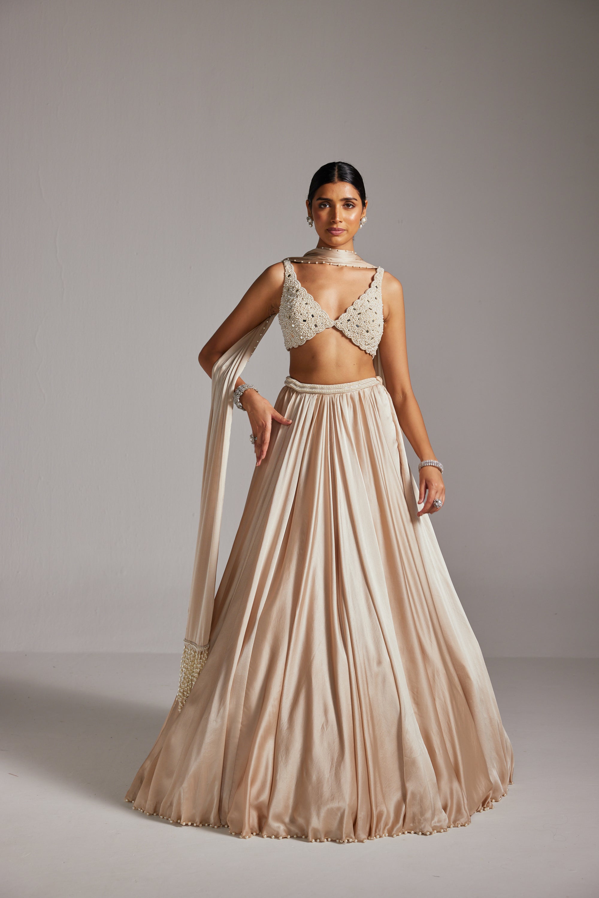Light Beige V Neck Satin Skirt Set