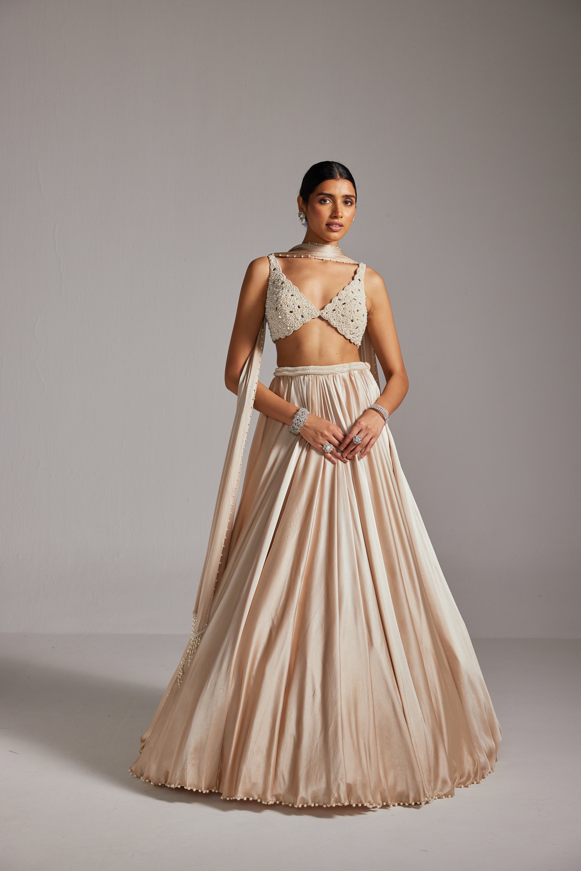 Light Beige V Neck Satin Skirt Set
