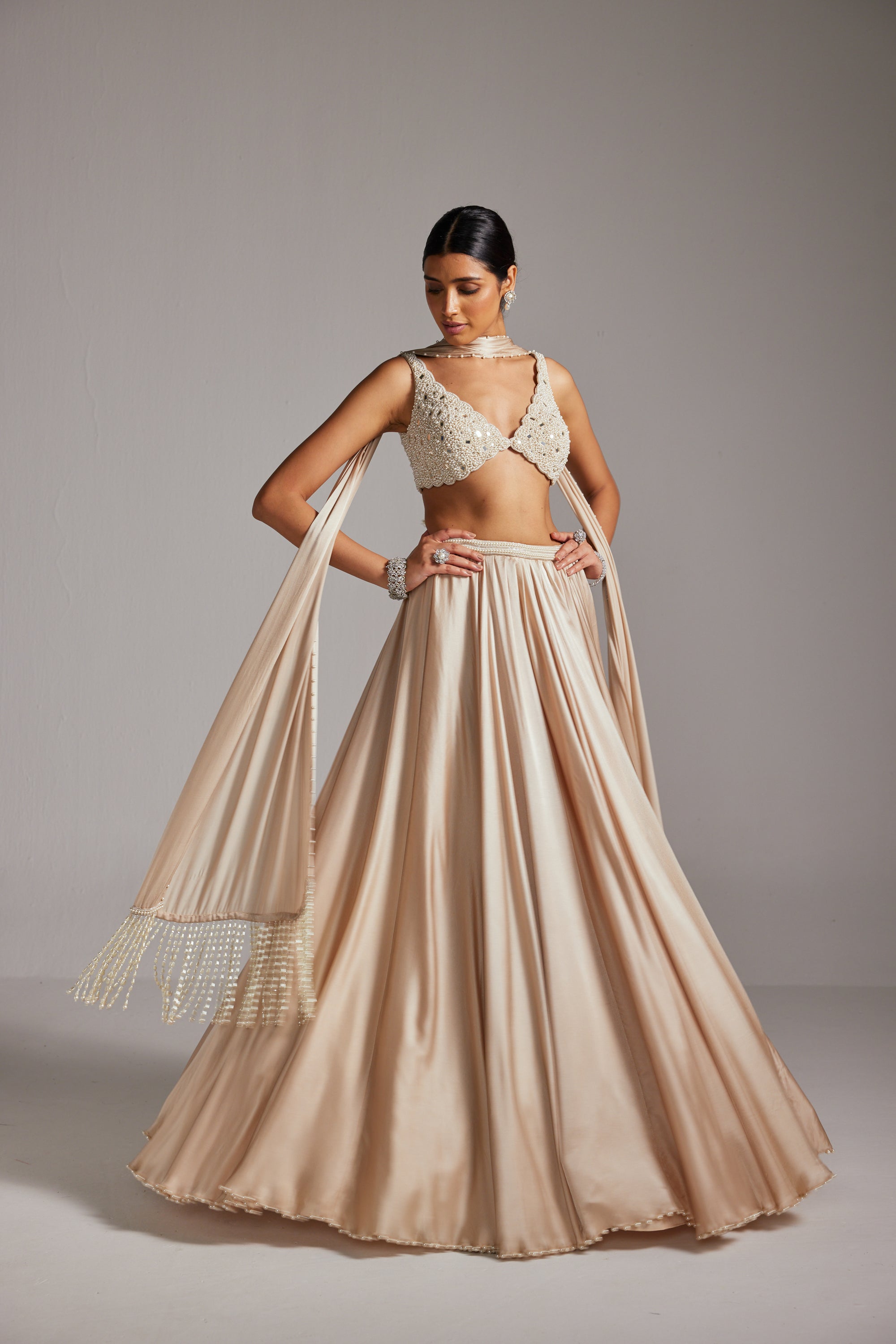 Light Beige V Neck Satin Skirt Set