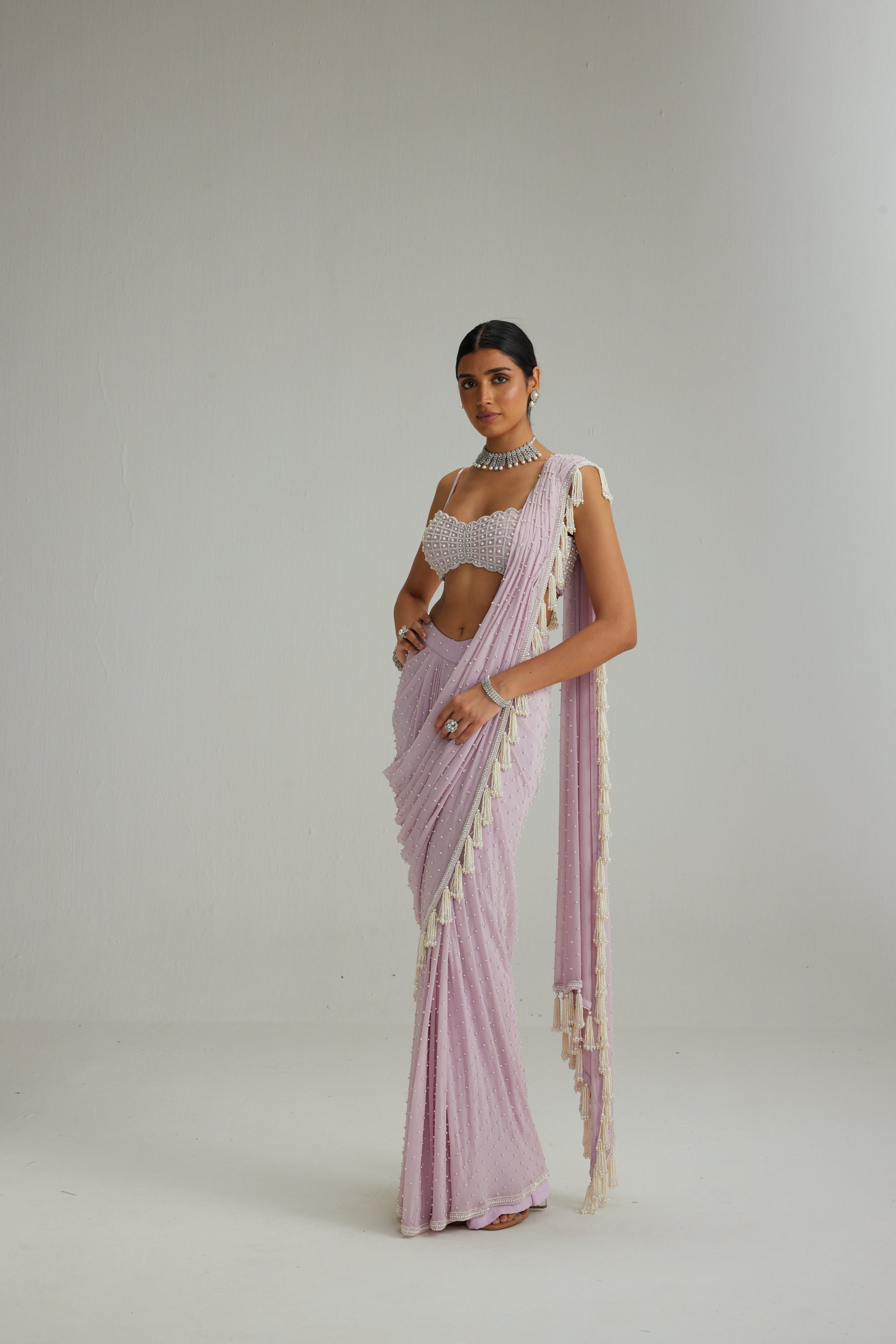 Lavender Draped Saree Set