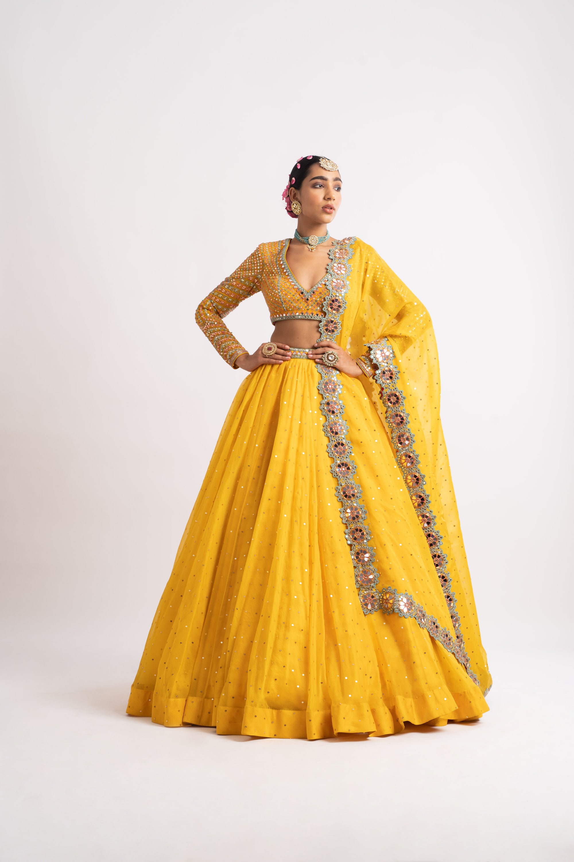Yellow Silk Organza Lehenga Set