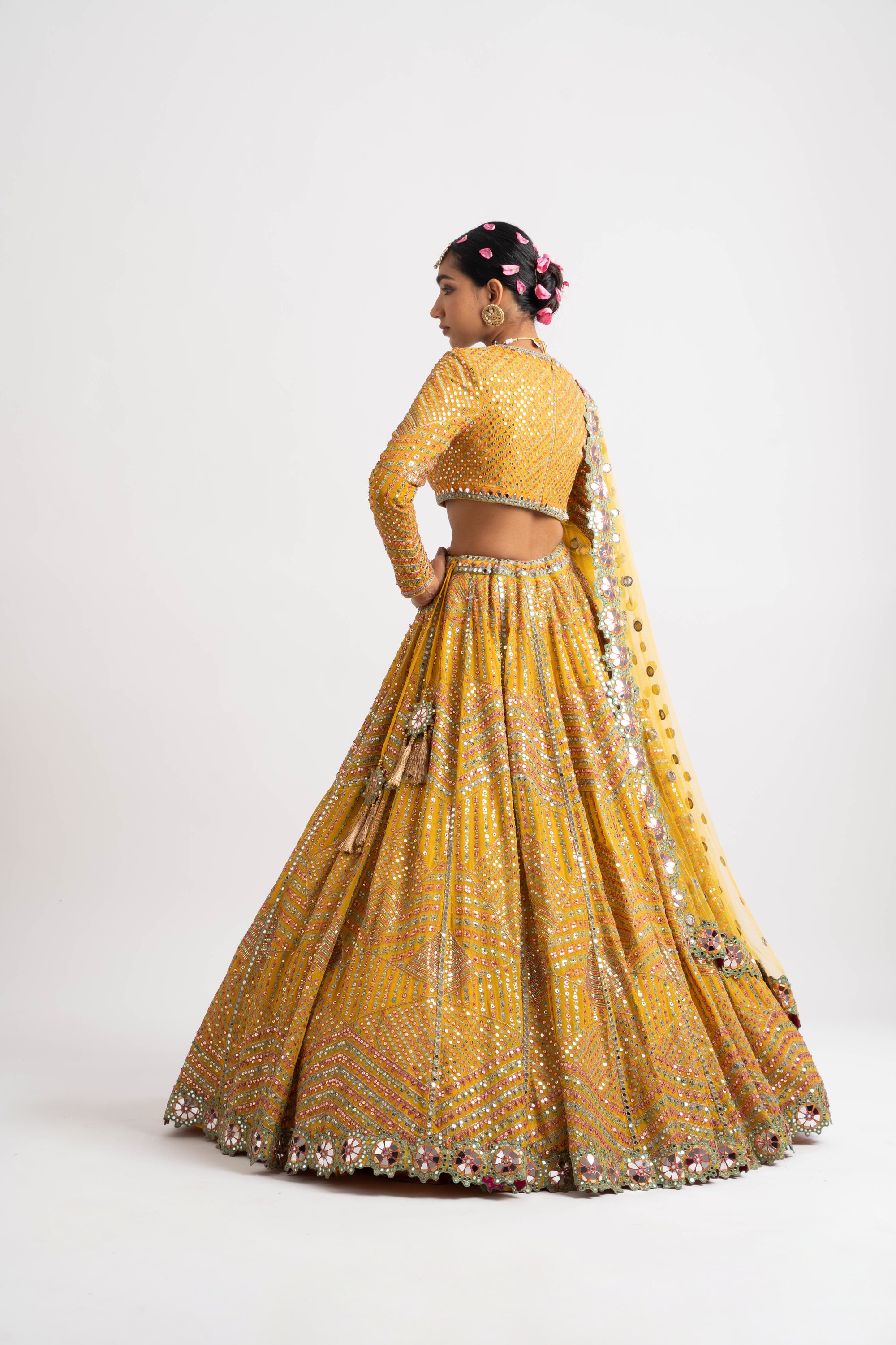 Yellow V Neck Heavy Multi Color Lehenga Set