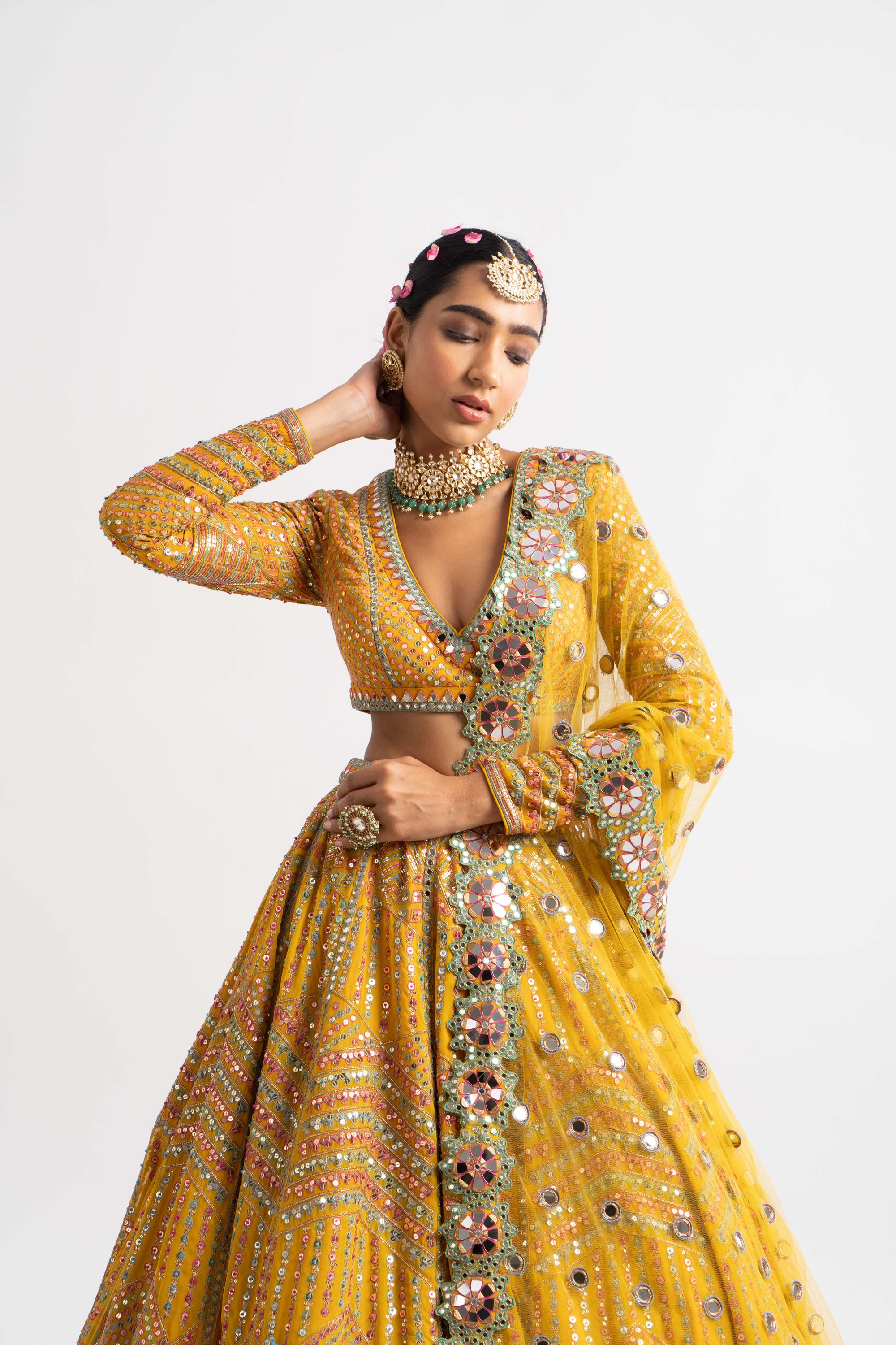 Yellow V Neck Heavy Multi Color Lehenga Set