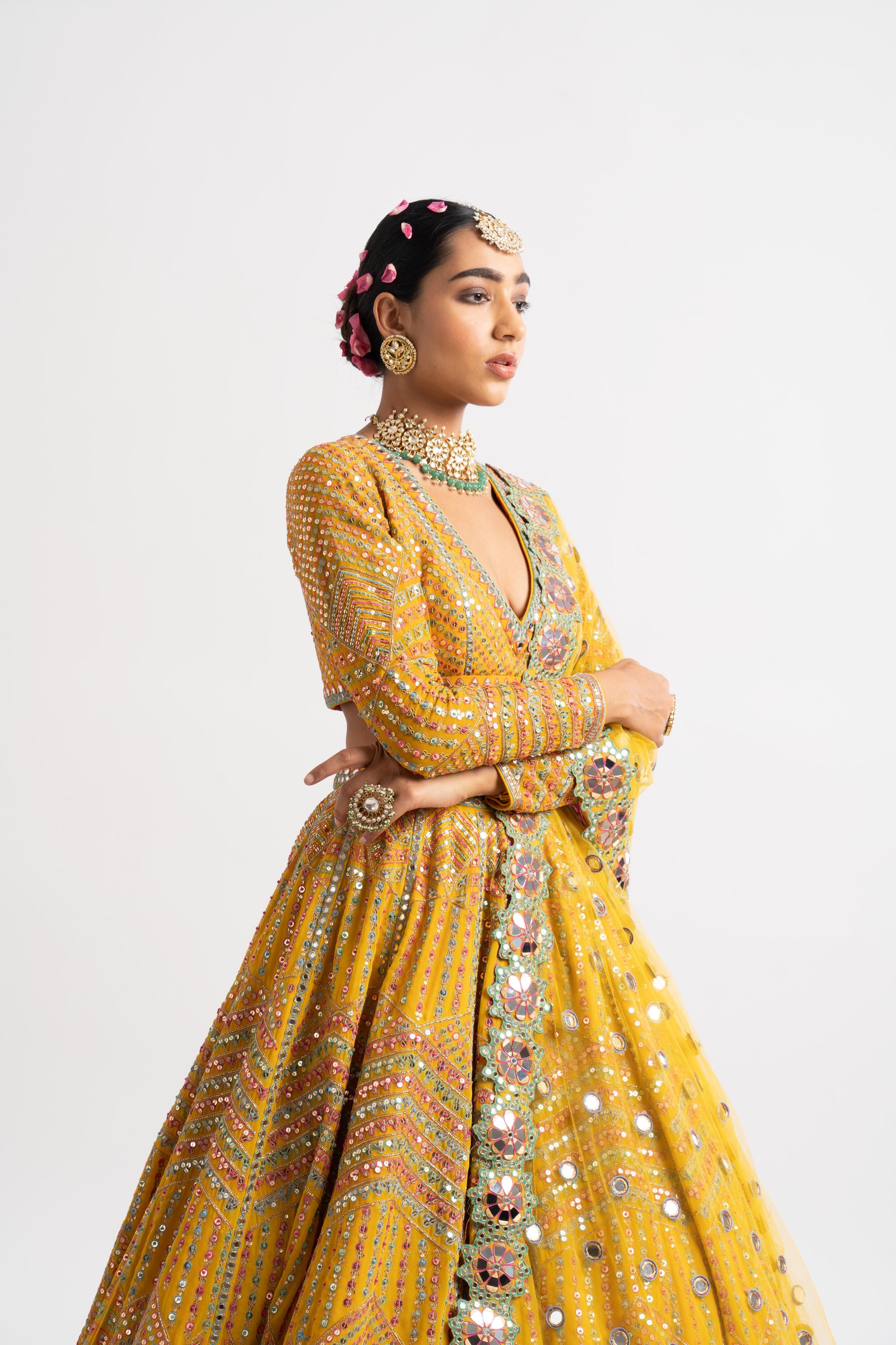 Yellow V Neck Heavy Multi Color Lehenga Set