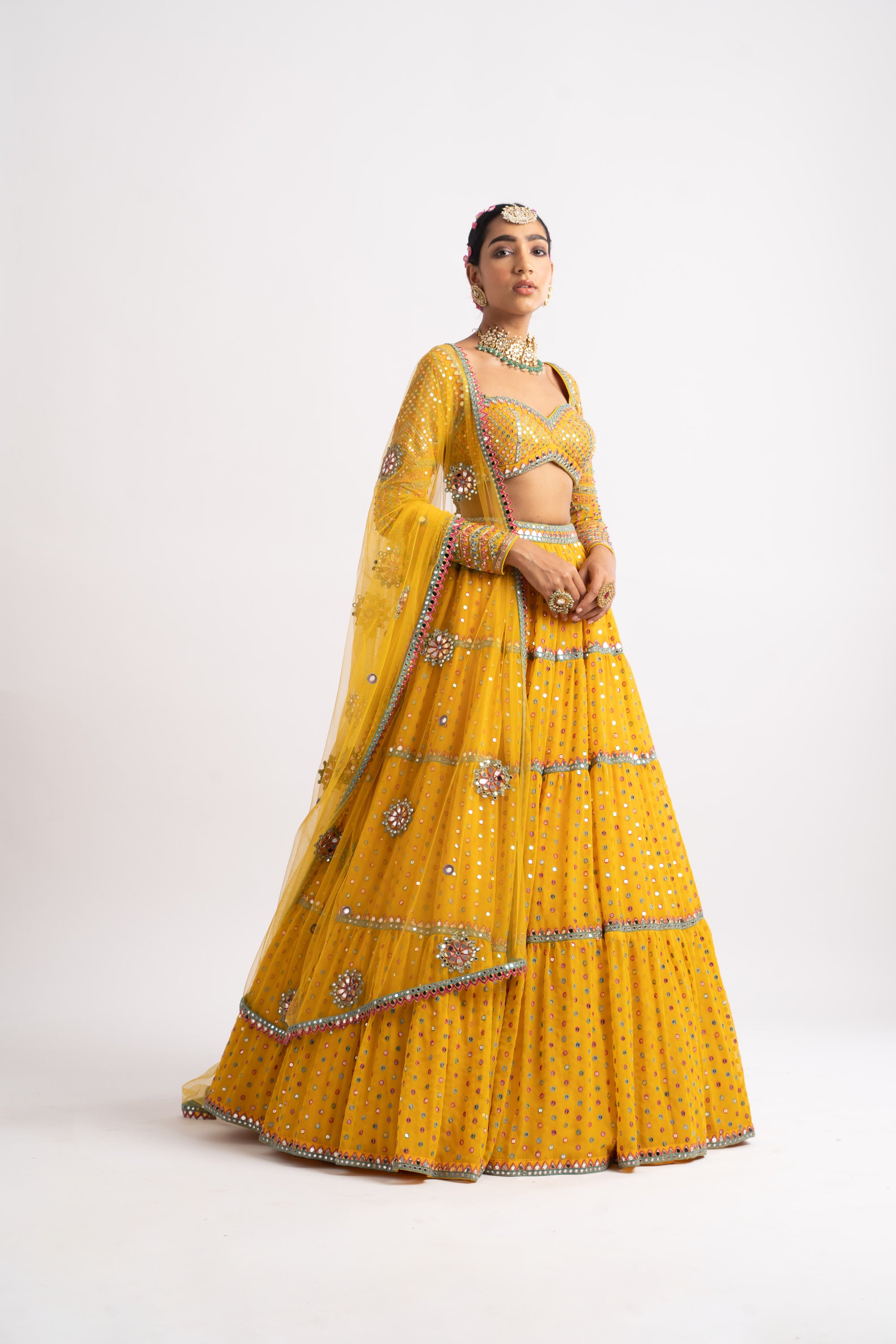 Yellow Multi Tier Multi Color Lehenga Set
