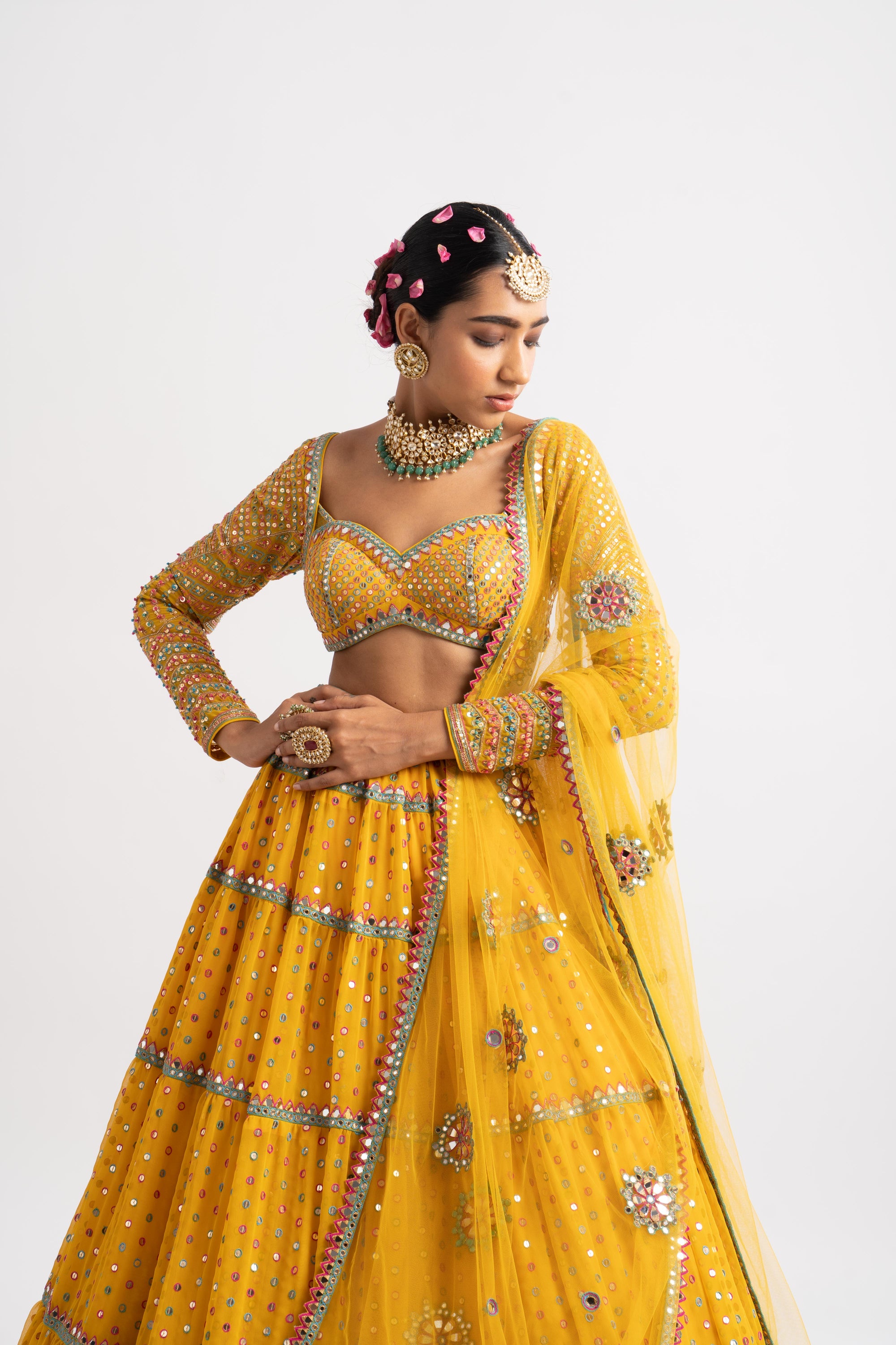 Yellow Multi Tier Multi Color Lehenga Set