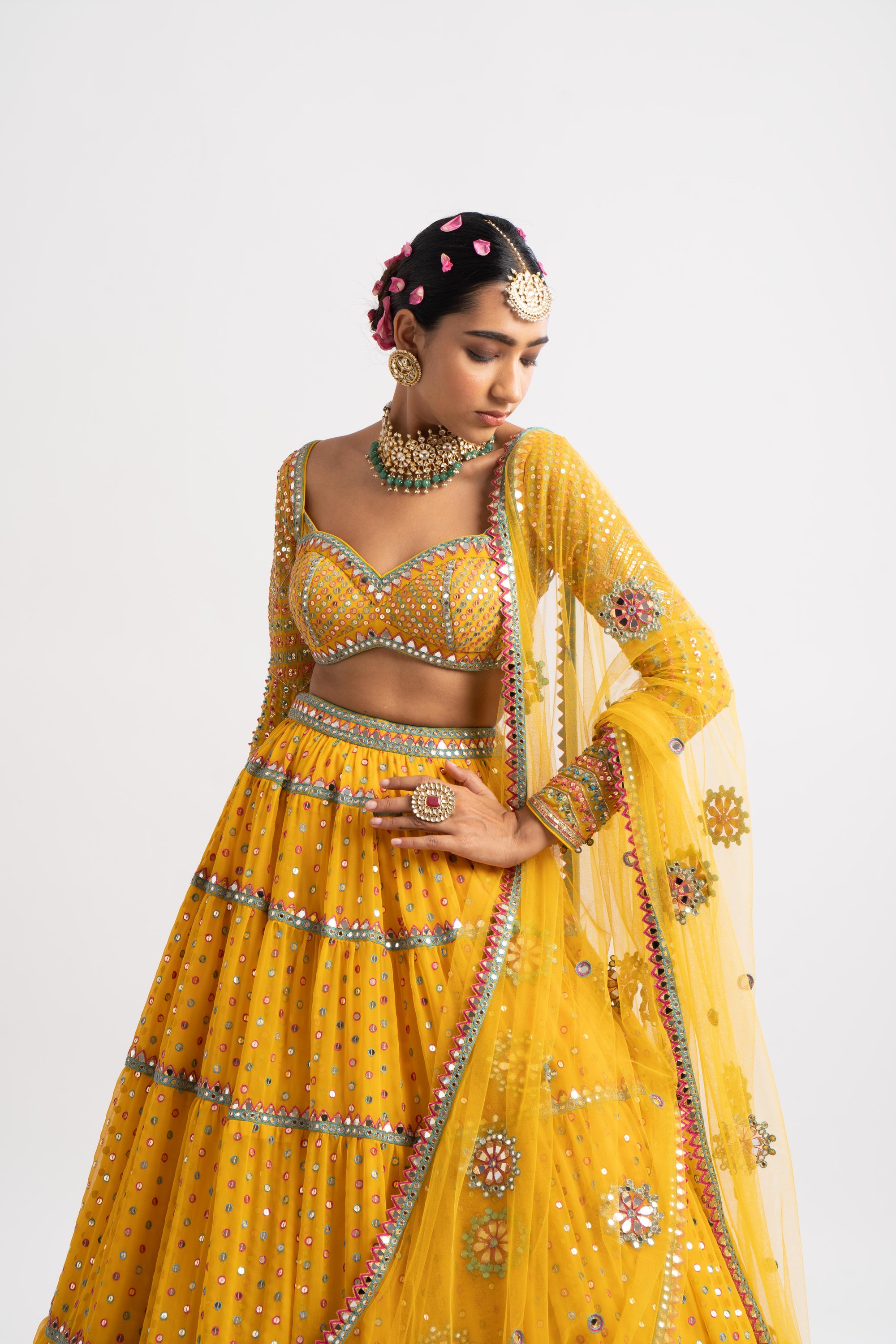 Yellow Multi Tier Multi Color Lehenga Set