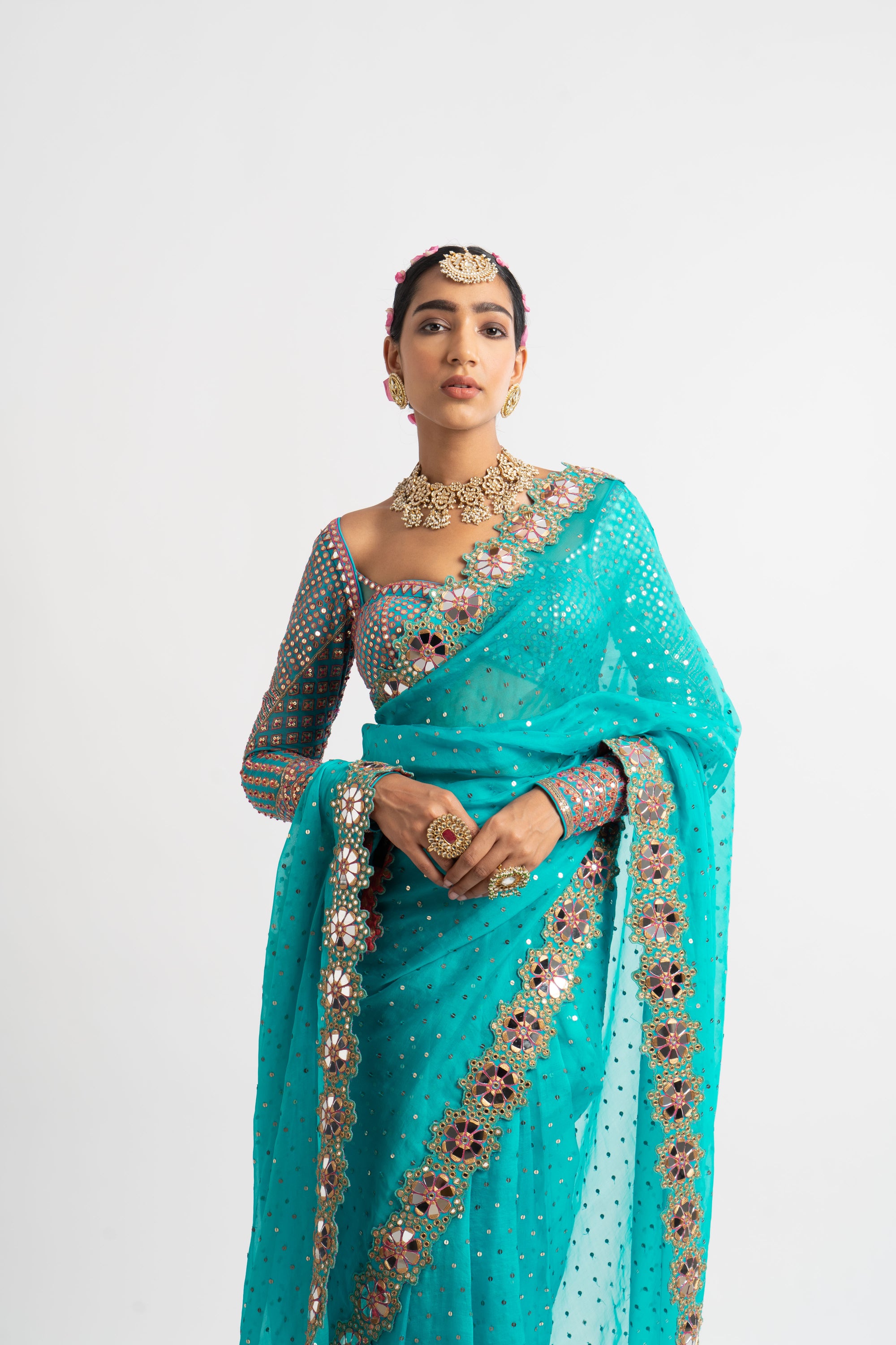Peacock Green Hand Cut Mirror Border Saree Set