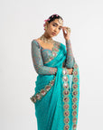 Peacock Green Hand Cut Mirror Border Saree Set