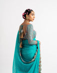 Peacock Green Hand Cut Mirror Border Saree Set