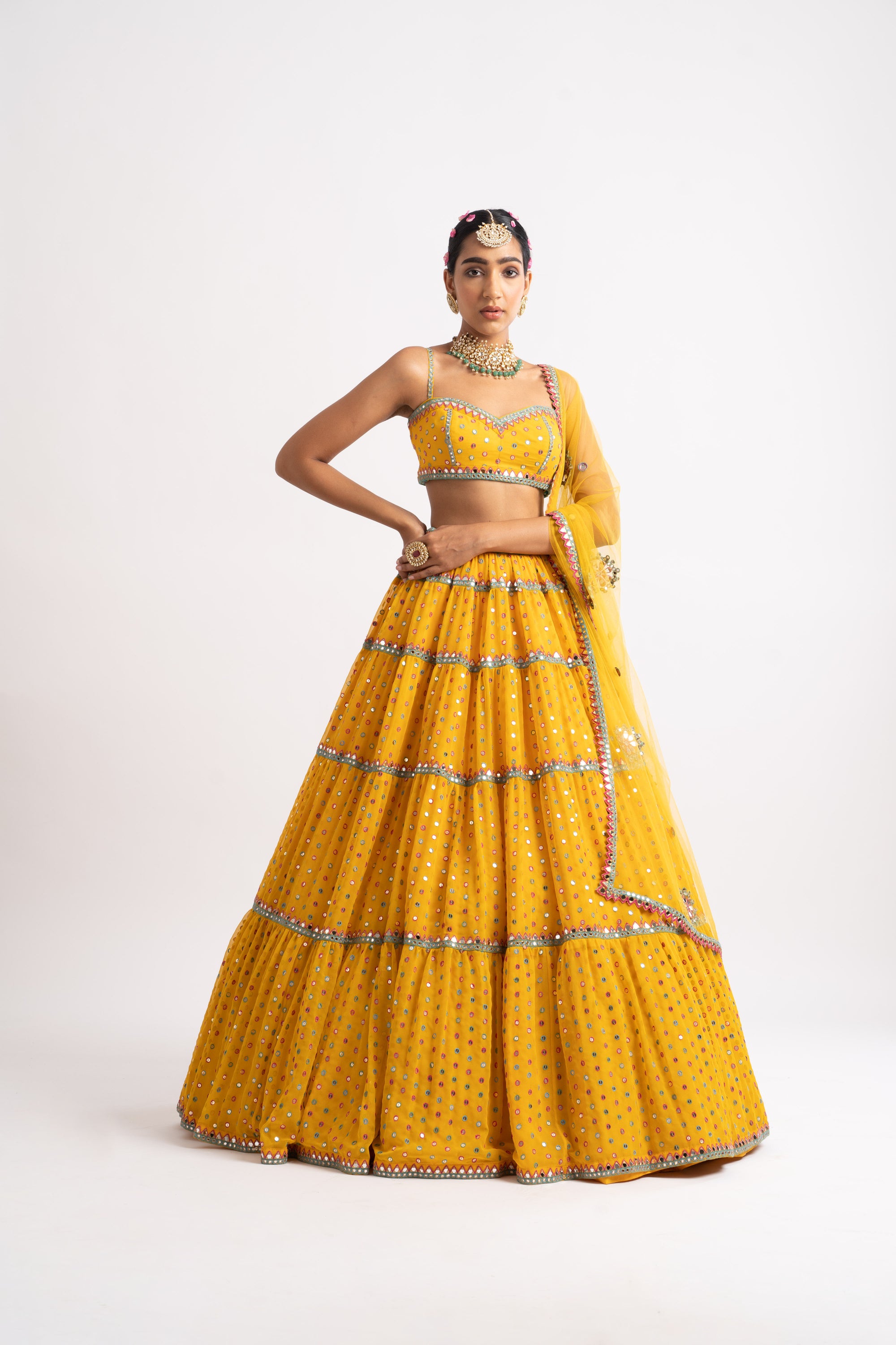 Yellow Noodle Strap Multi Tier Lehenga Set