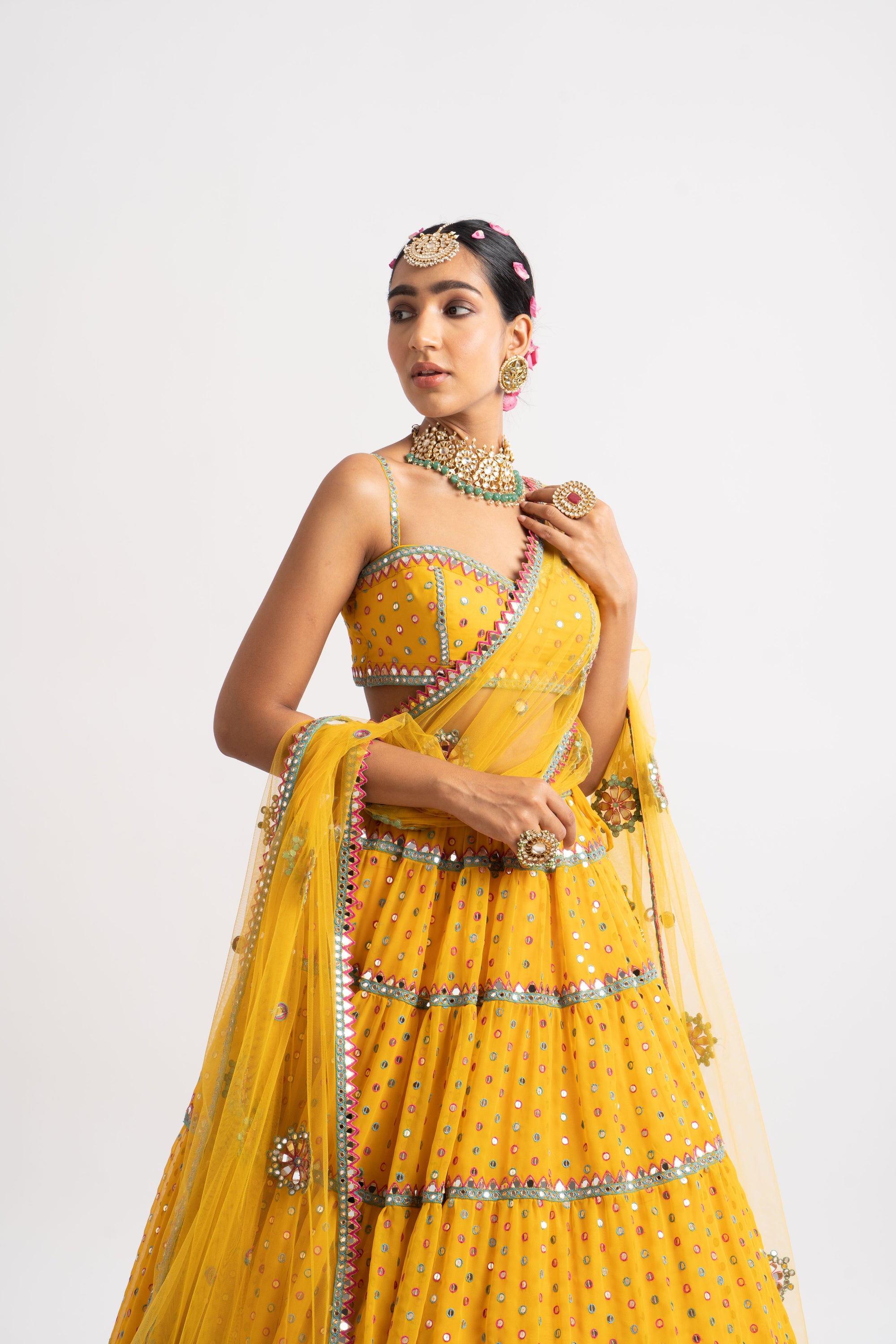 Yellow Noodle Strap Multi Tier Lehenga Set