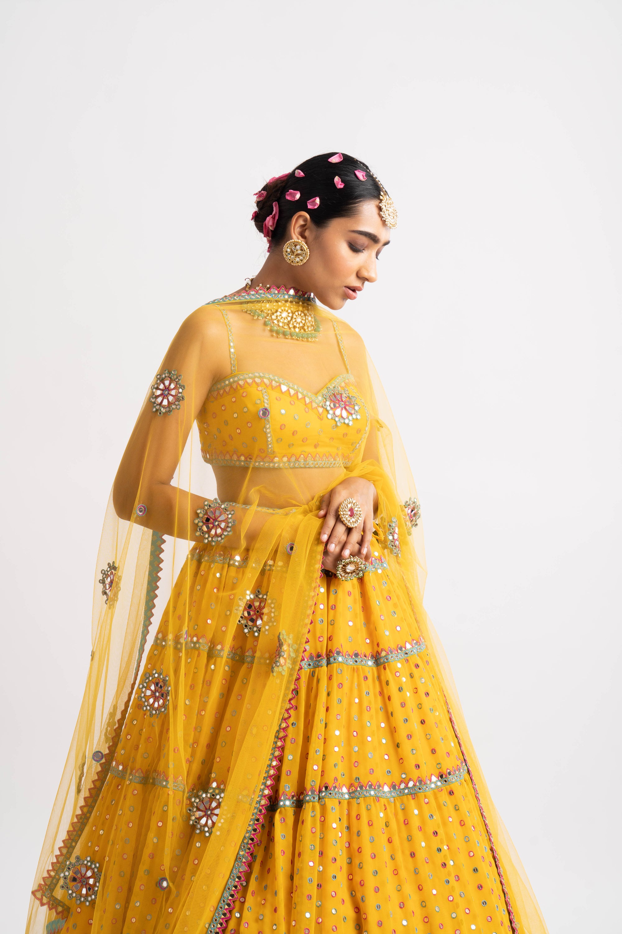 Yellow Noodle Strap Multi Tier Lehenga Set
