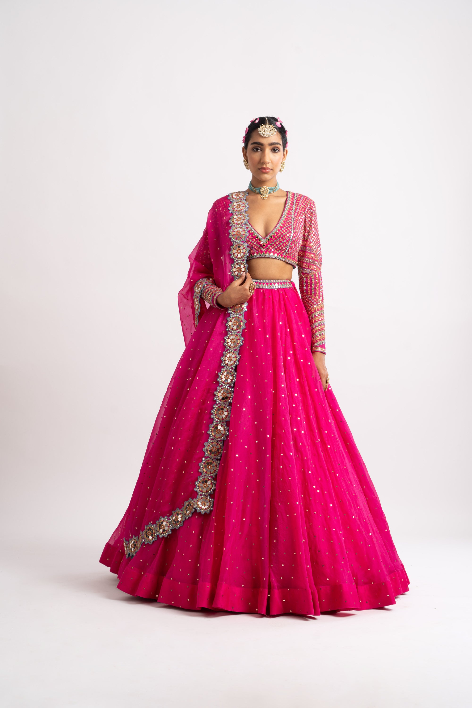 Fuschia Silk Organza Lehenga Set