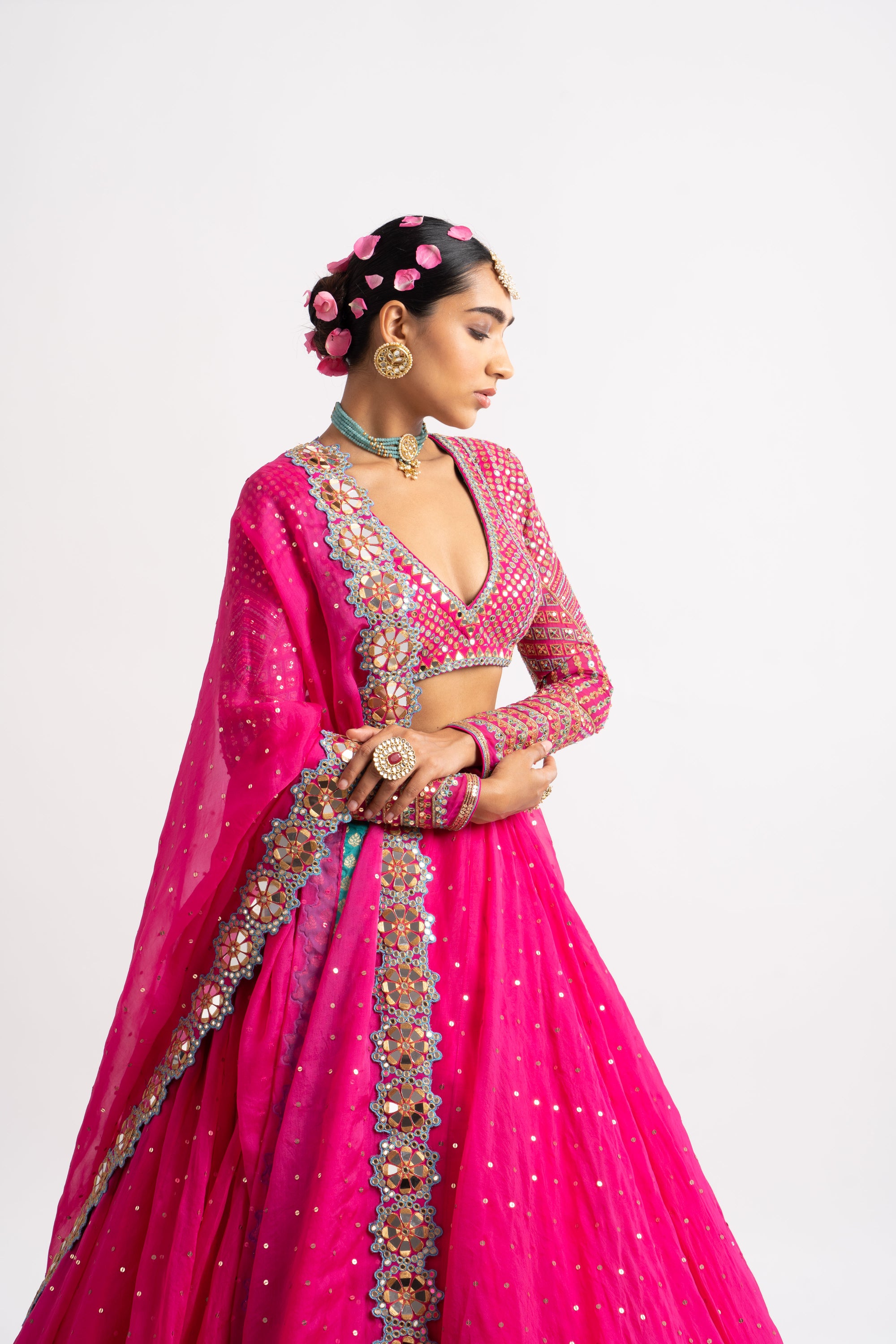 Fuschia Silk Organza Lehenga Set