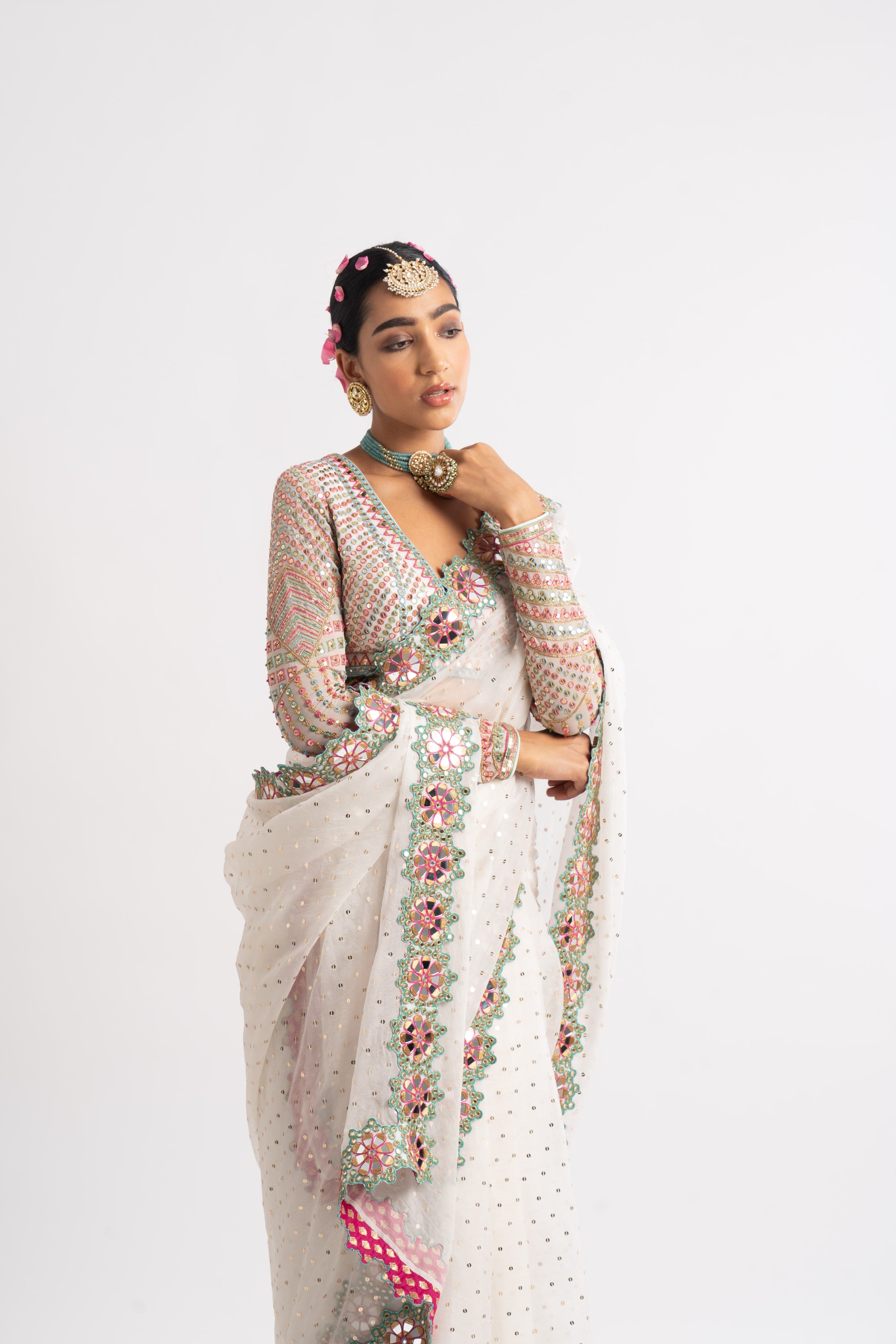 White Hand Cut Mirror Border Saree Set