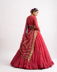 Deep Coral Silk Organza Heavy Dupatta Lehenga Set