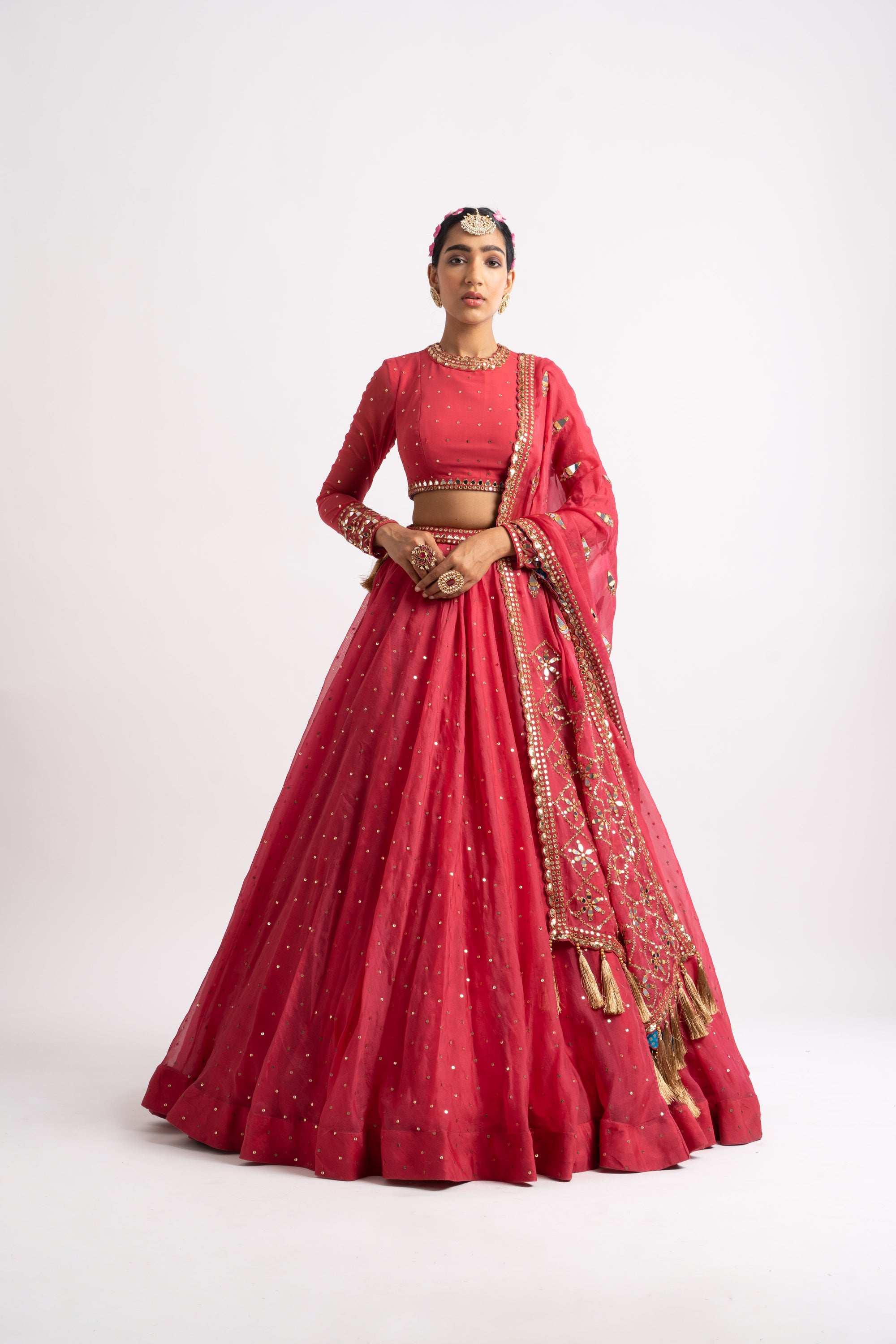 Deep Coral Silk Organza Heavy Dupatta Lehenga Set