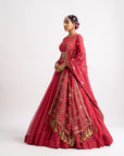 Deep Coral Silk Organza Heavy Dupatta Lehenga Set