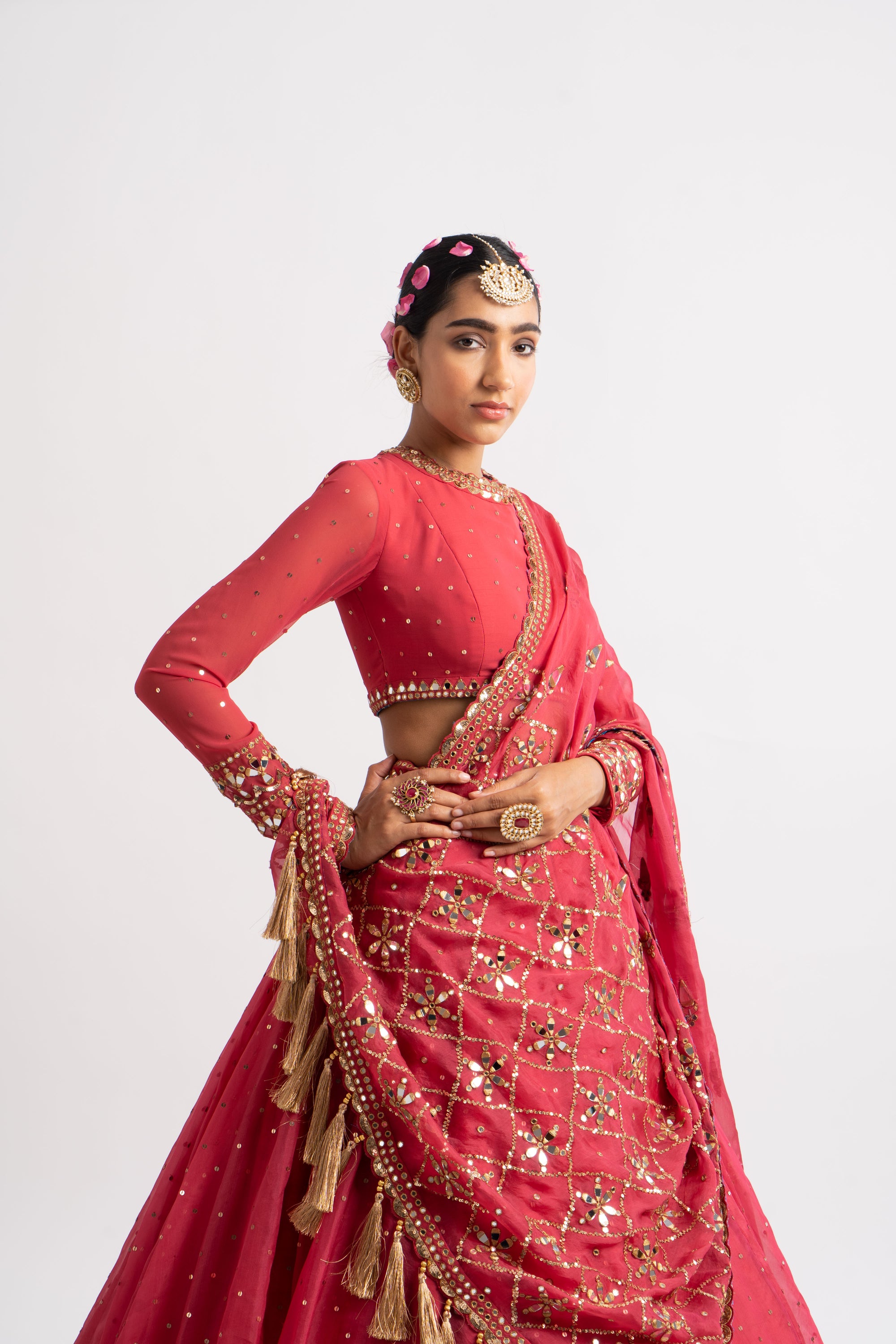 Deep Coral Silk Organza Heavy Dupatta Lehenga Set
