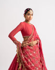 Deep Coral Silk Organza Heavy Dupatta Lehenga Set