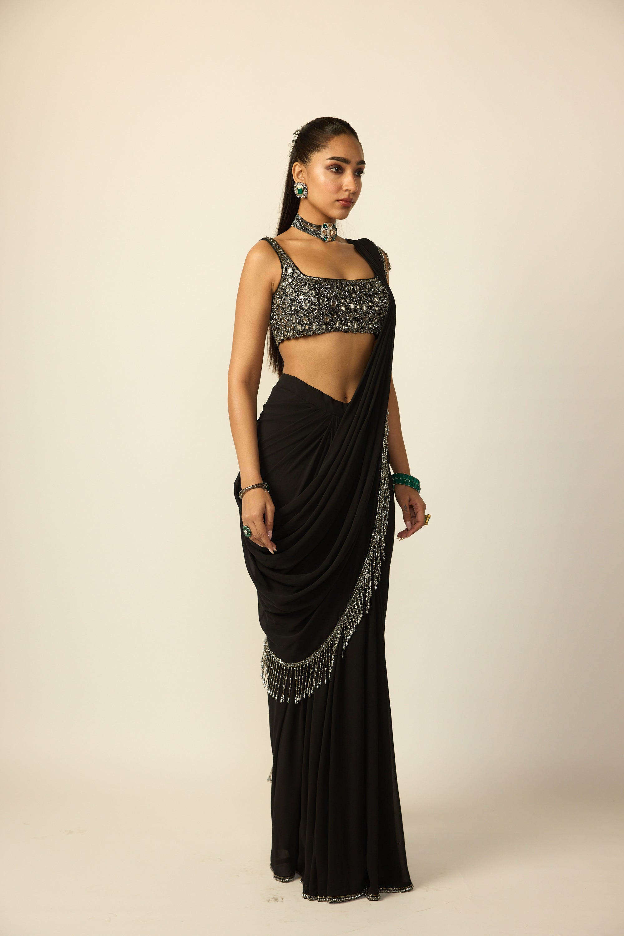 Black Georgette Tassel Saree