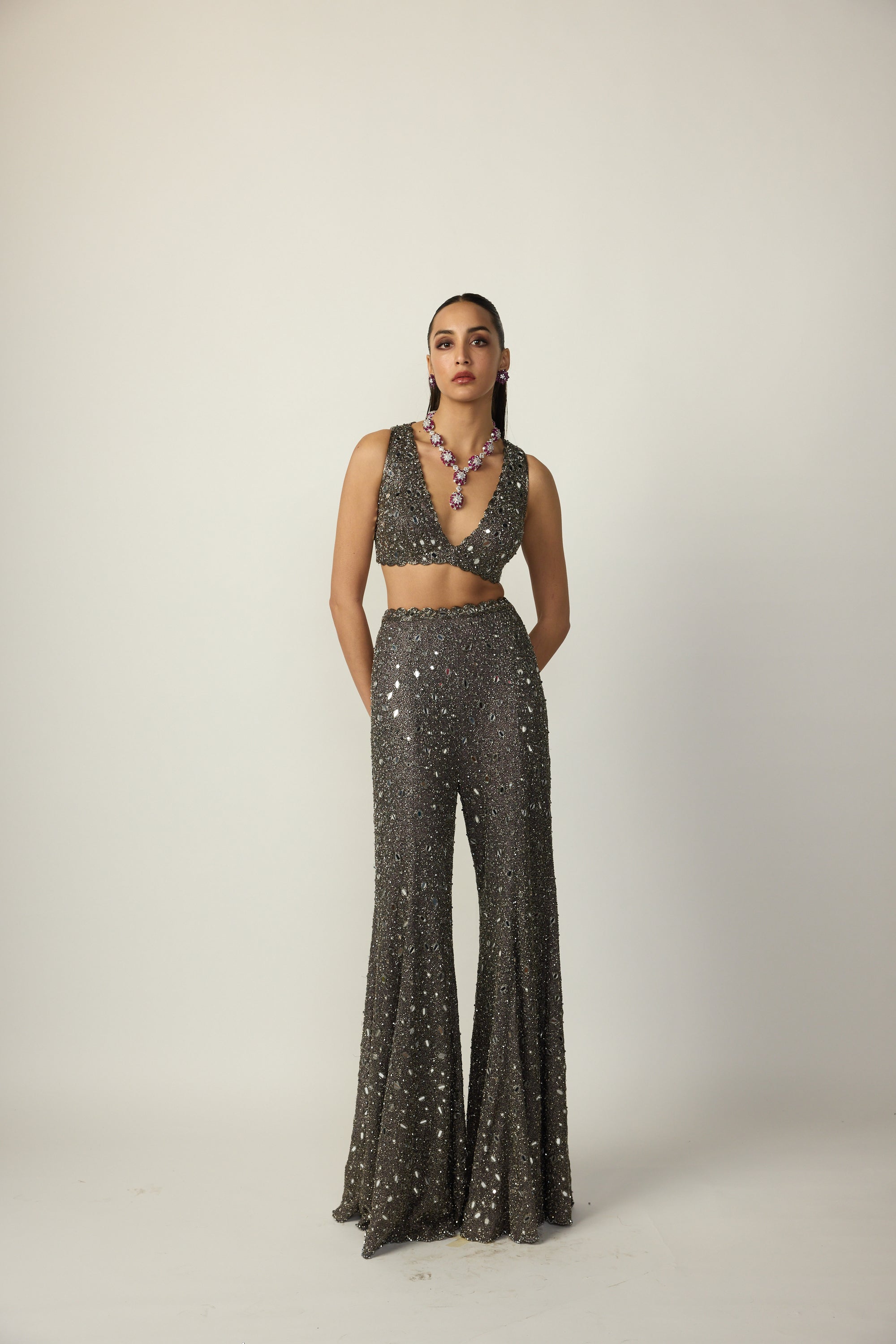 Metallic Grey Blouse Sharara Pant Set