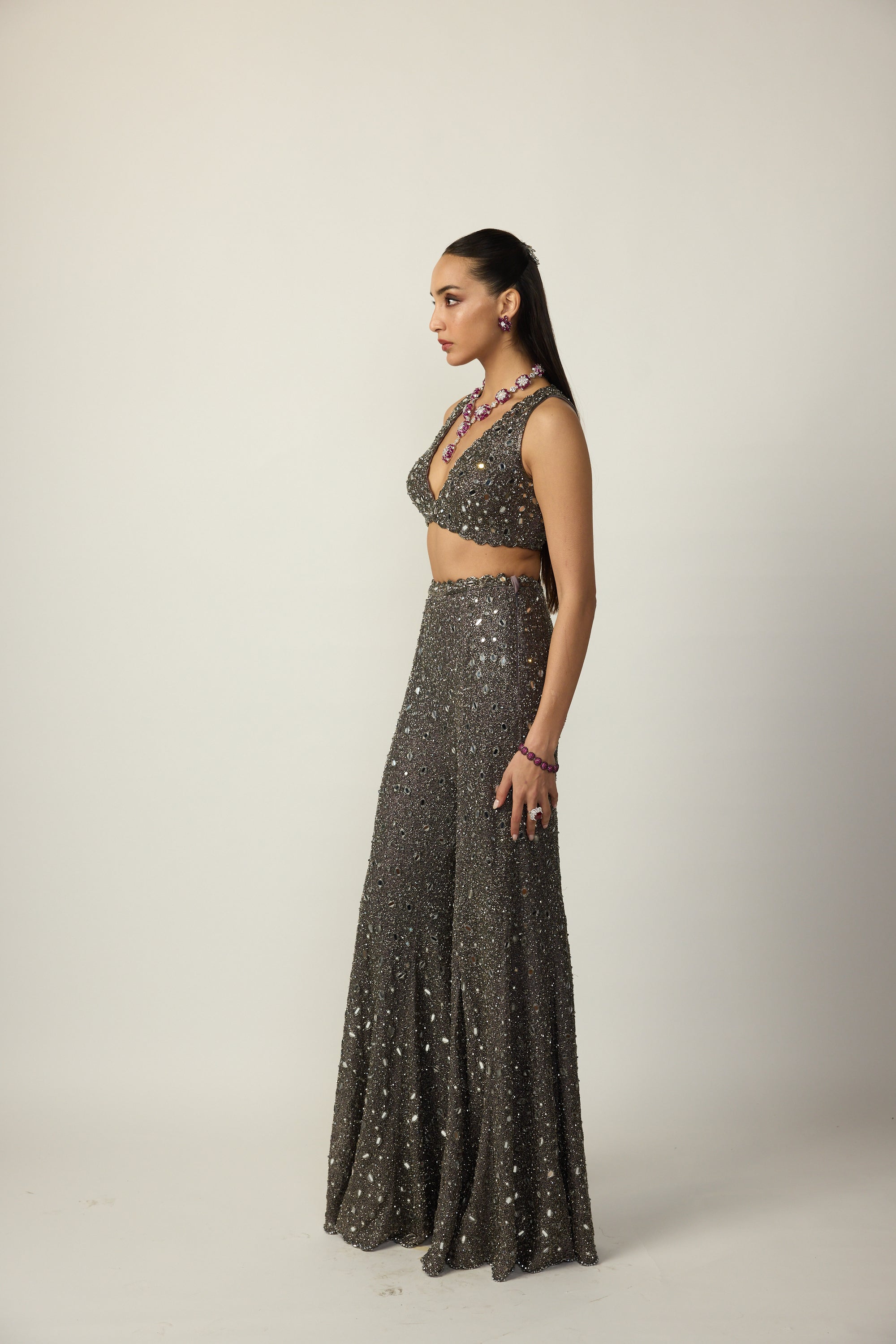 Metallic Grey Blouse Sharara Pant Set