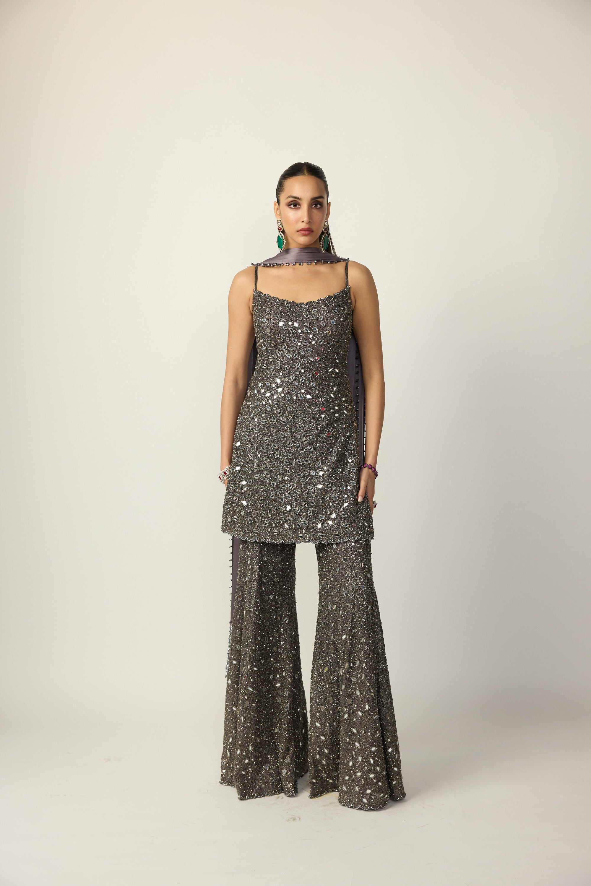 Vani Vats - Metallic Grey Sharara With Kurta Set - XS / Grey - New Arrivals Women - Sunny's Bridal Vani Vats - Metallic Grey Sharara With Kurta Set - XS / Grey - New Arrivals Women - Sunny's Bridal