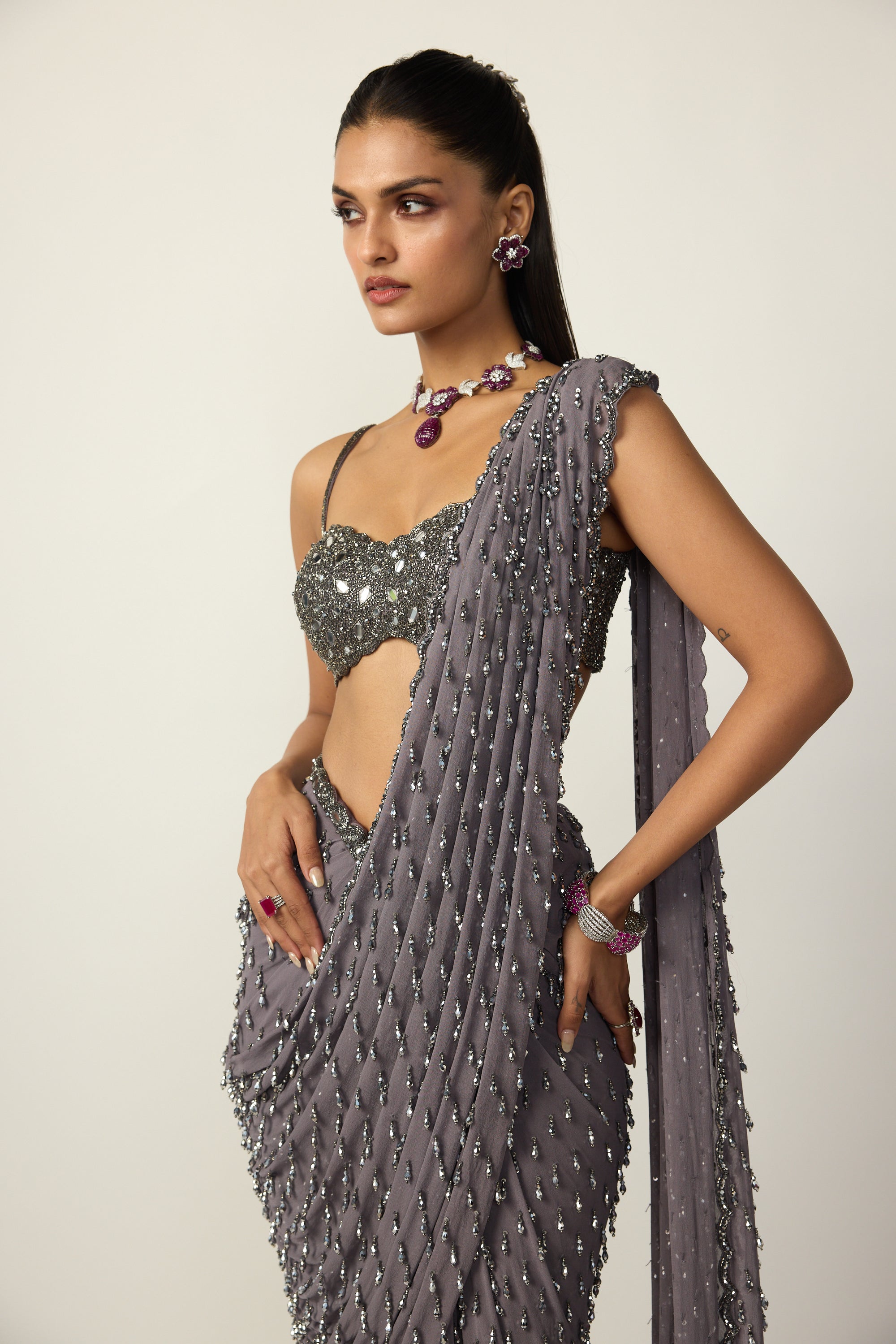 Metallic Grey Single Drop Draped Saree Set