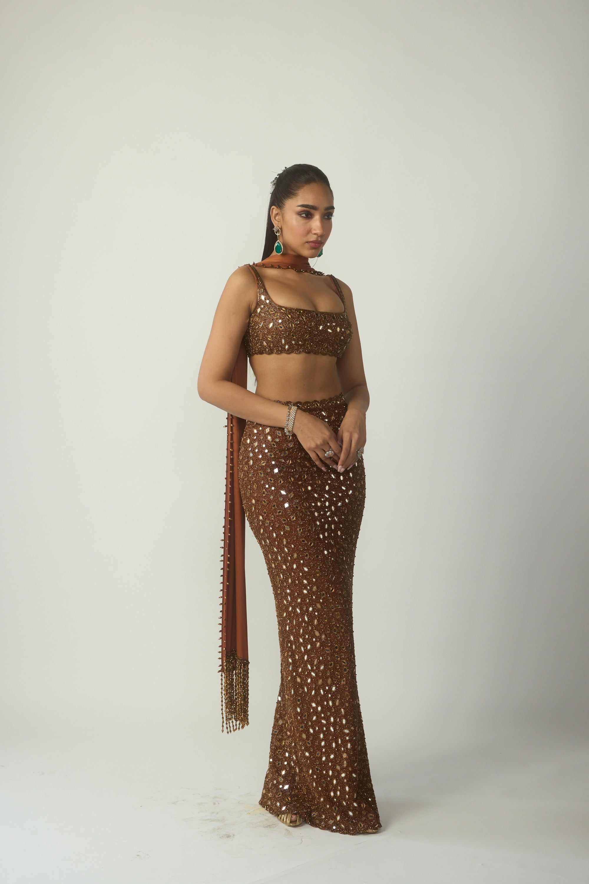 Metallic Copper Pencil Skirt Set