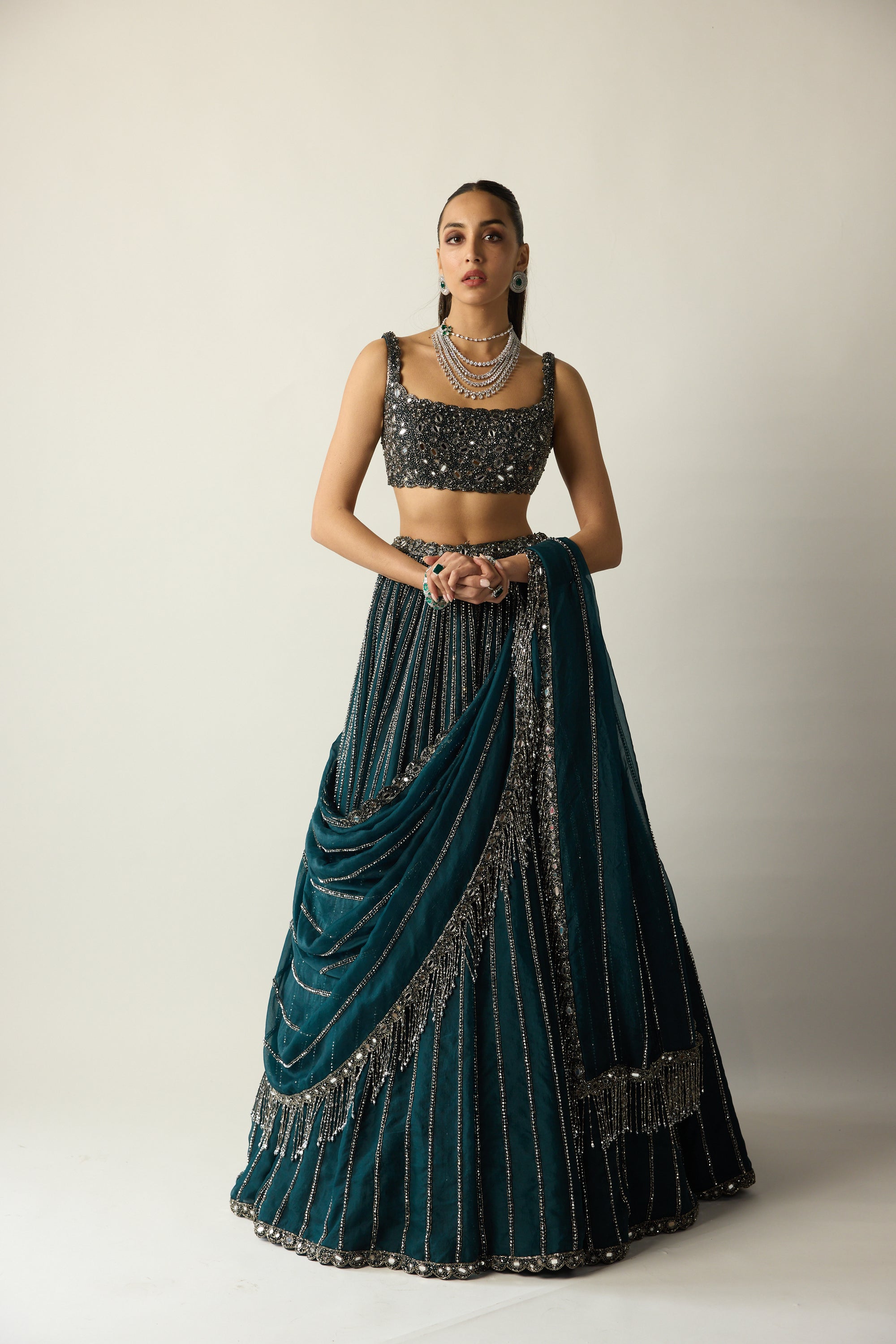 Dark Teal Linear Lehenga Set