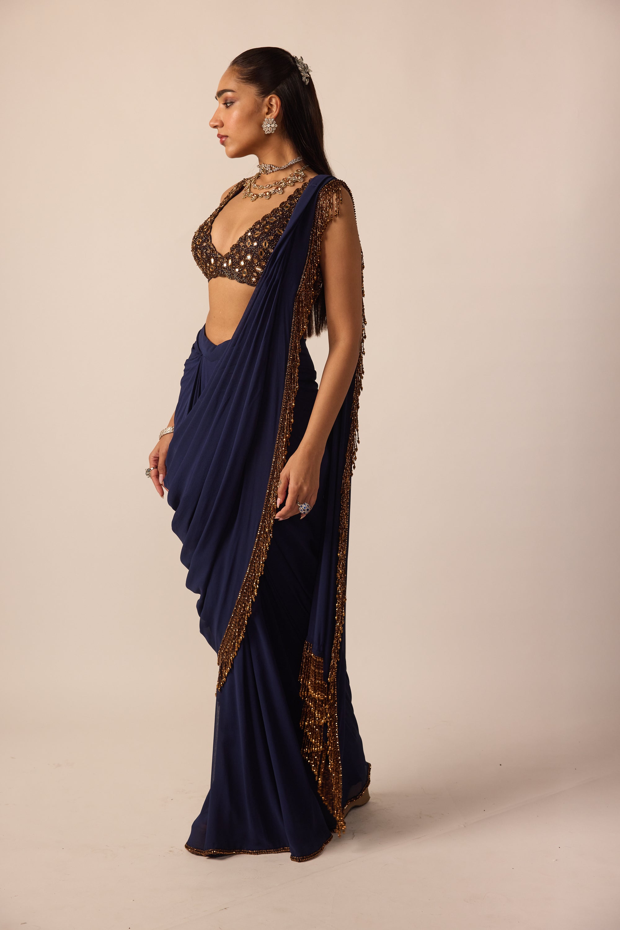 Deep Blue Georgette Tassel Saree