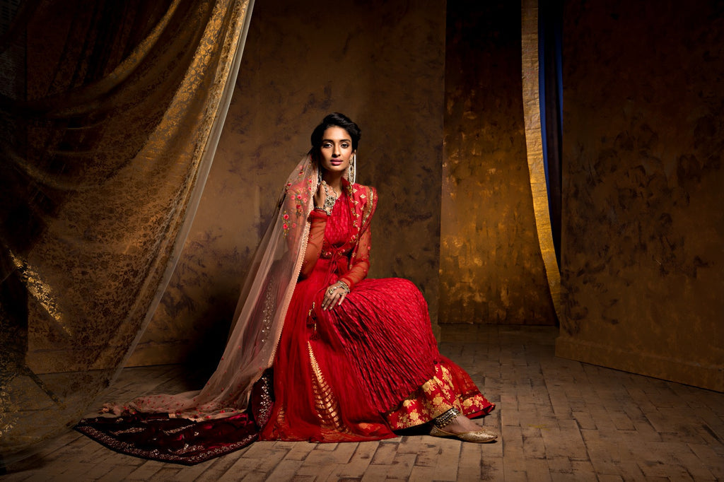 Attractive Red Embroidered Anarkali, Kurti, Izhaar &amp; Dupatta Set