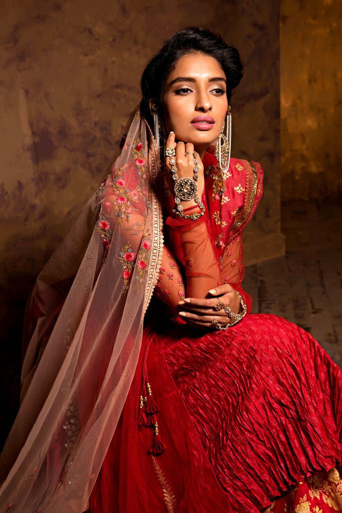 Attractive Red Embroidered Anarkali, Kurti, Izhaar &amp; Dupatta Set
