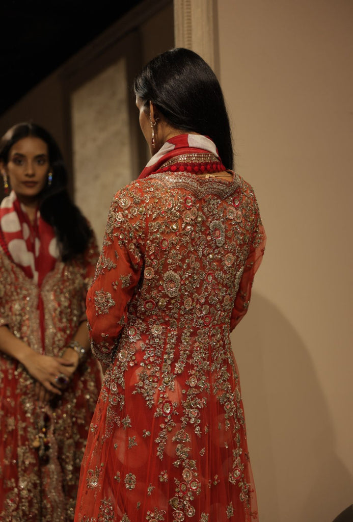 Red Tulle Heavily Emb Anarkali With Bustier