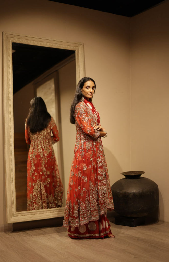 Red Tulle Heavily Emb Anarkali With Bustier