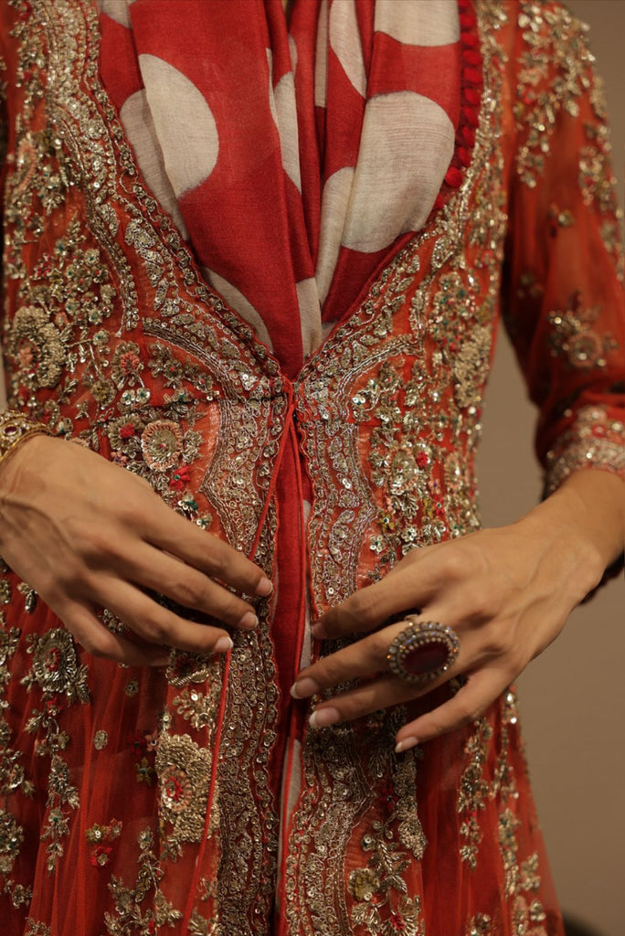 Red Tulle Heavily Emb Anarkali With Bustier