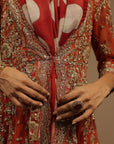 Red Tulle Heavily Emb Anarkali With Bustier