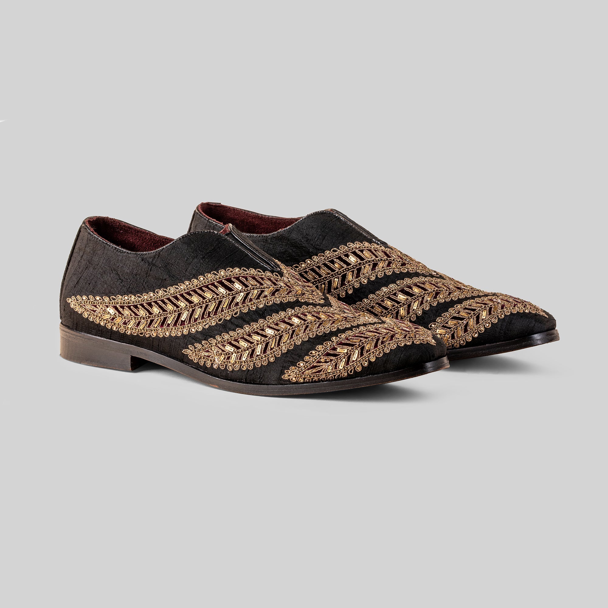 Antique Gold - Black Embroidered Loafers