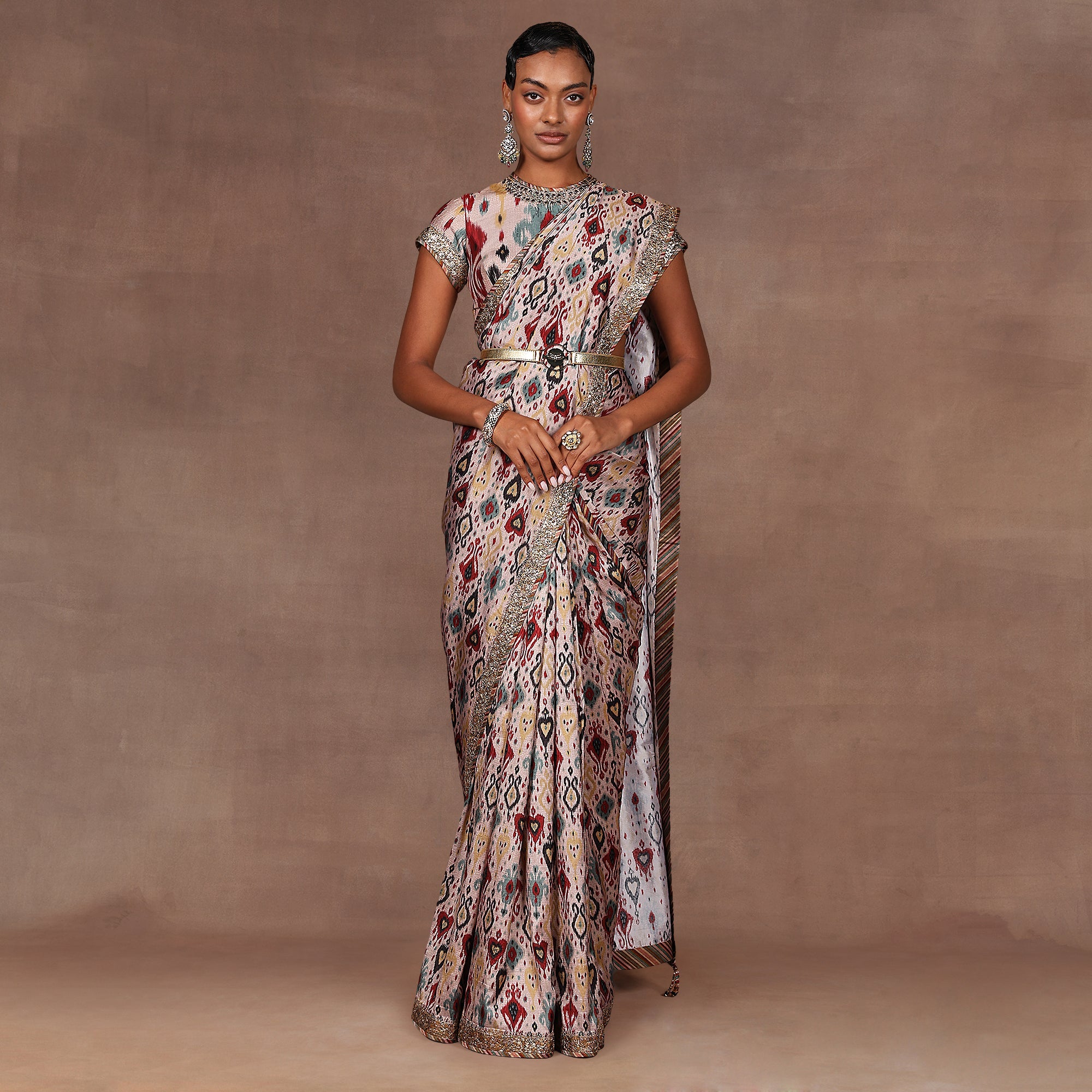 Blush Taupe Ikat Print Saree Set