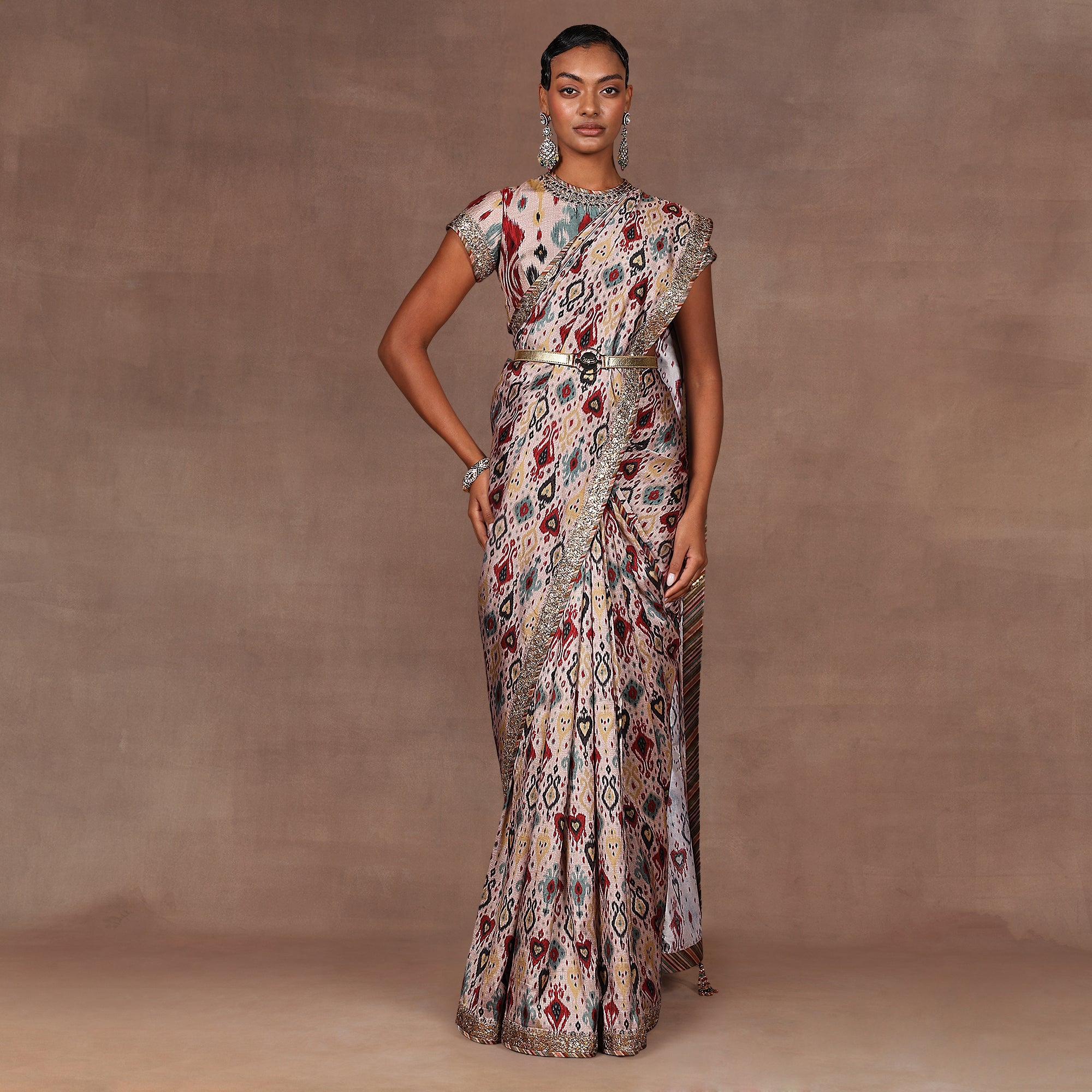Blush Taupe Ikat Print Saree Set