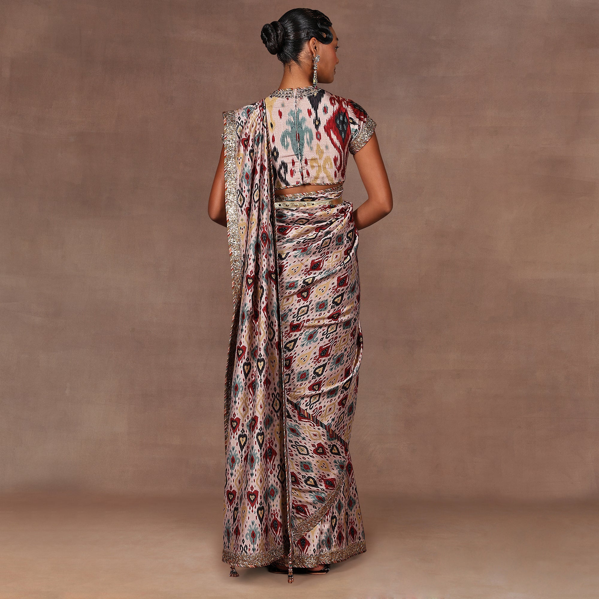 Blush Taupe Ikat Print Saree Set