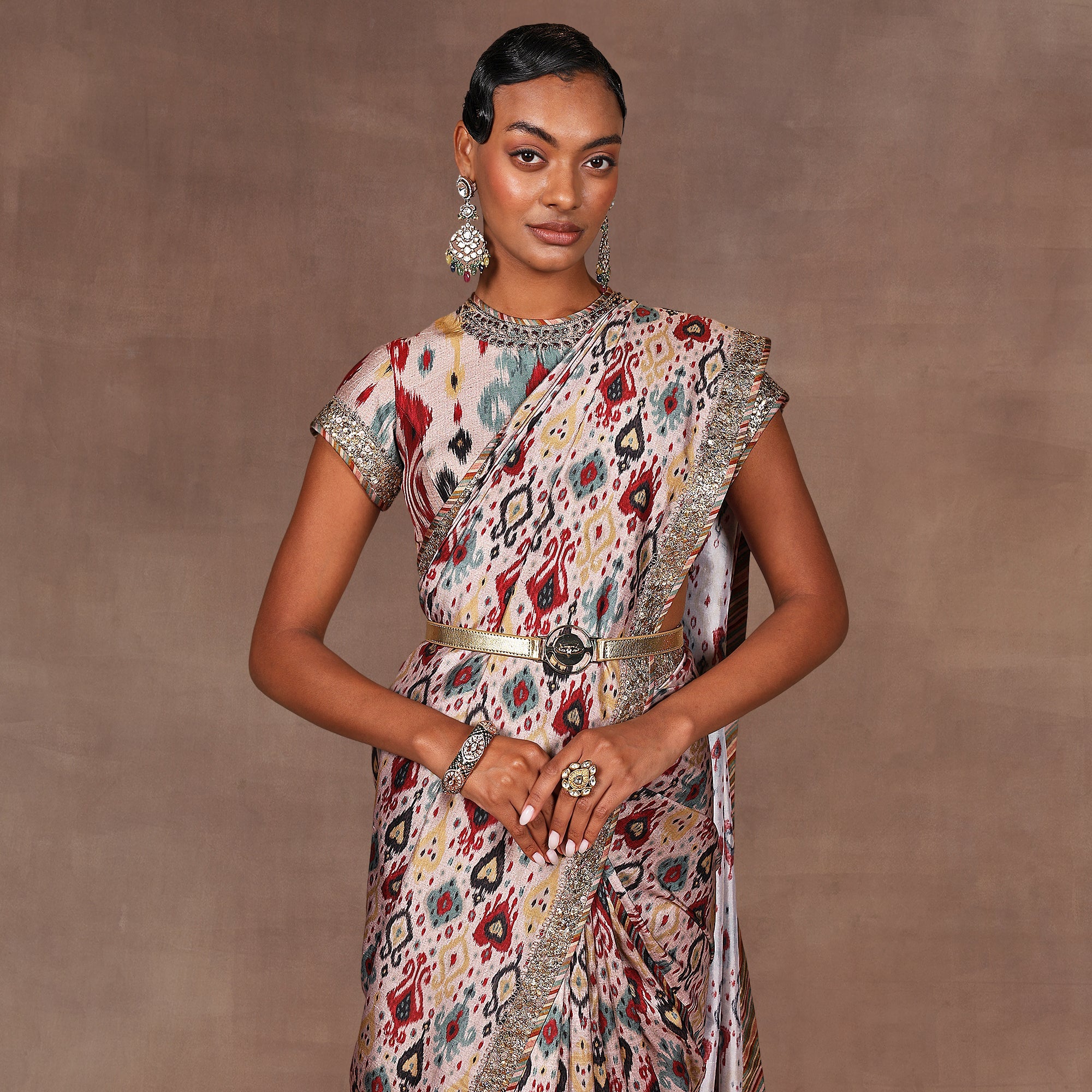 Blush Taupe Ikat Print Saree Set