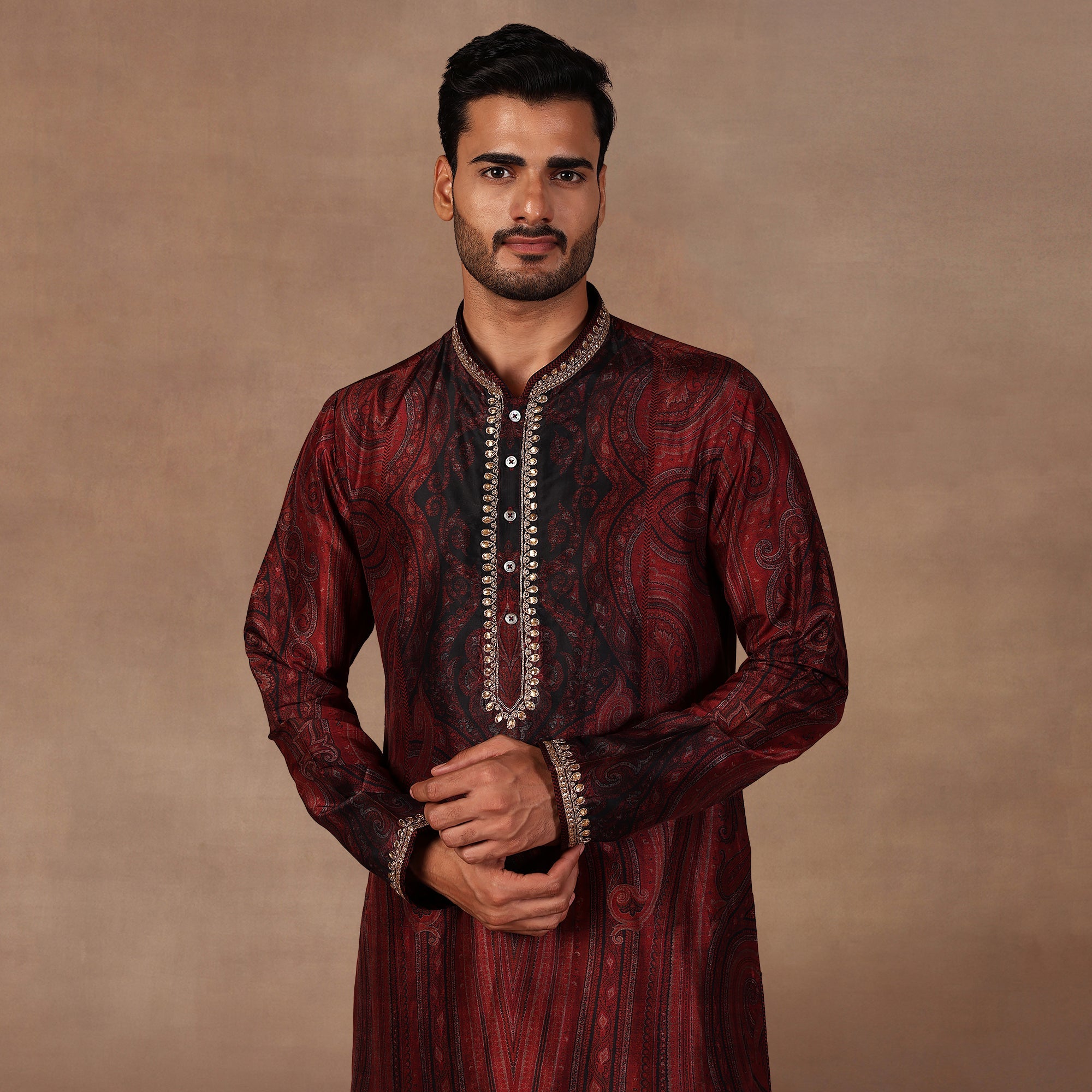 Burgundy Jamawar Kurta Set | East