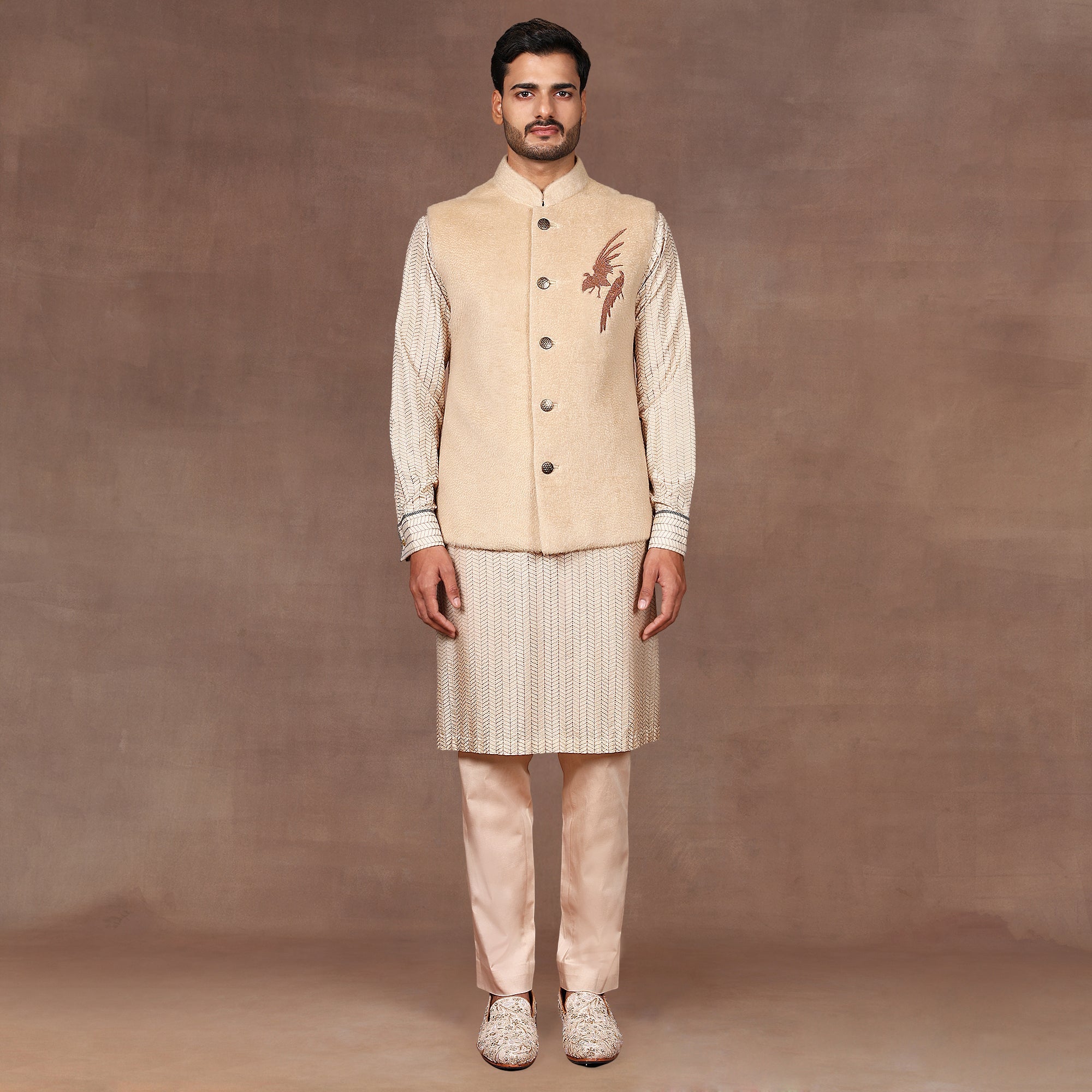 Creme Ivory Chevron Nehru Jacket Set | East