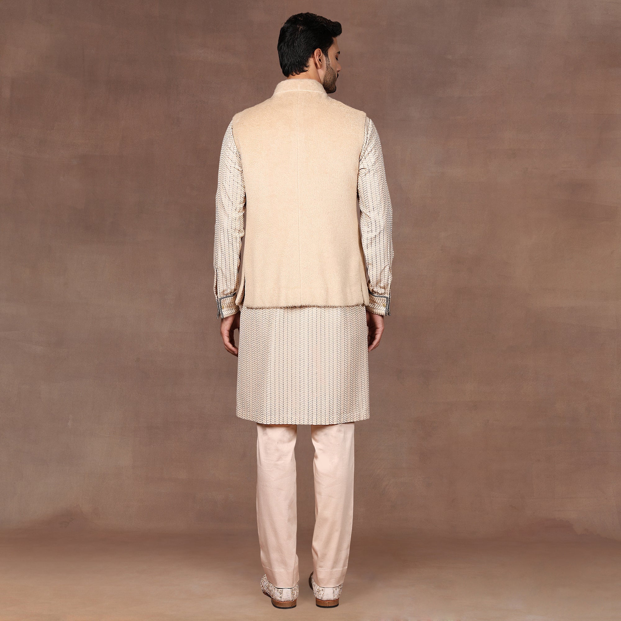 Creme Ivory Chevron Nehru Jacket Set | East