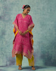 Fuschia Pink Bandhani Kaftan With Lime Green Salwar Set